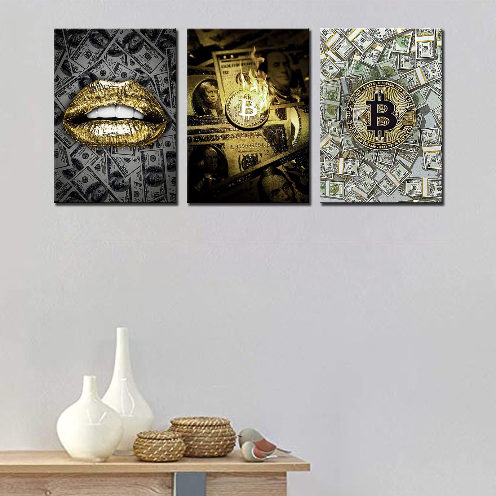 Tucocoo Motivational Canvas Wall Art - 3 Piece Lips & Fire Money Dollar Prints, Wooden Framed Inspirational Décor for Bedroom, Man Cave & Office - Ready to Hang 42x20 Inch Modern Home Wall Decor - Perfect for Living Room, Dorm & Gift Giving