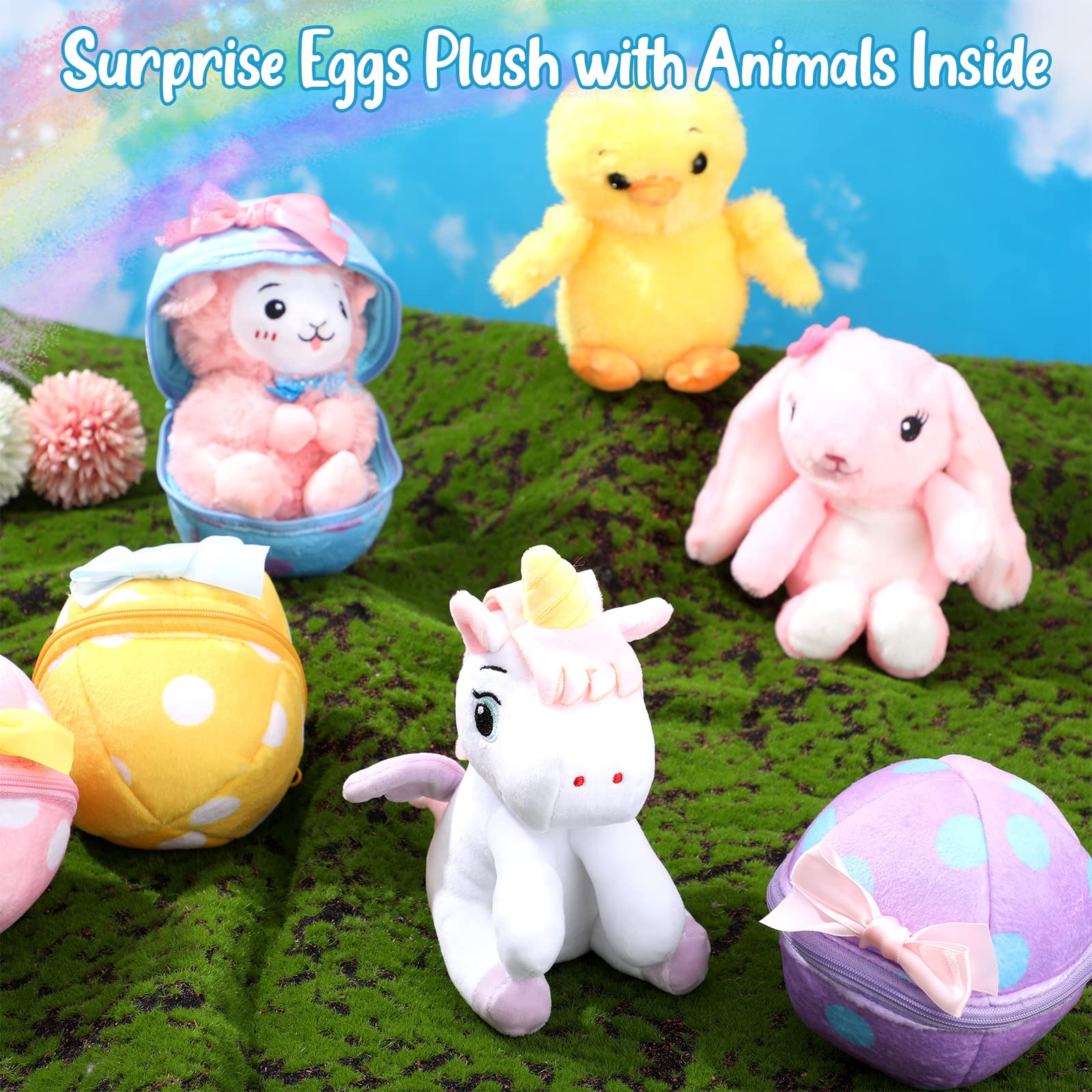 Skylety 4-Pack 6-Inch Easter Egg Stuffed Animals with Llama, Unicorn, Chick & Rabbit Plush Toys - Perfect for Easter Basket Stuffers, Gift Exchanges, Party Favors & Spring Celebrations