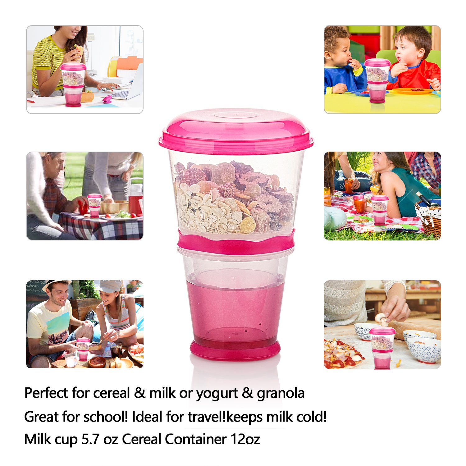 Portable Cereal & Yogurt To-Go Cups - Leak-Proof Breakfast Containers for On-The-Go Meals (Rose Red) | Perfect for Commuting, School Lunches & Outdoor Activities