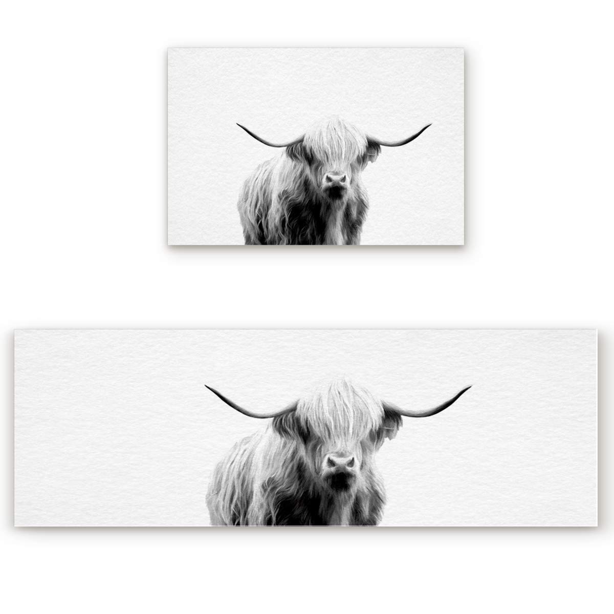LooPoP Anti-Fatigue Kitchen Mats Set - 2-Piece Non-Slip Cushioned Floor Mats with Black & White Highland Cattle Design, Washable Kitchen Runner Rugs for Home, Office, and Restaurant Use