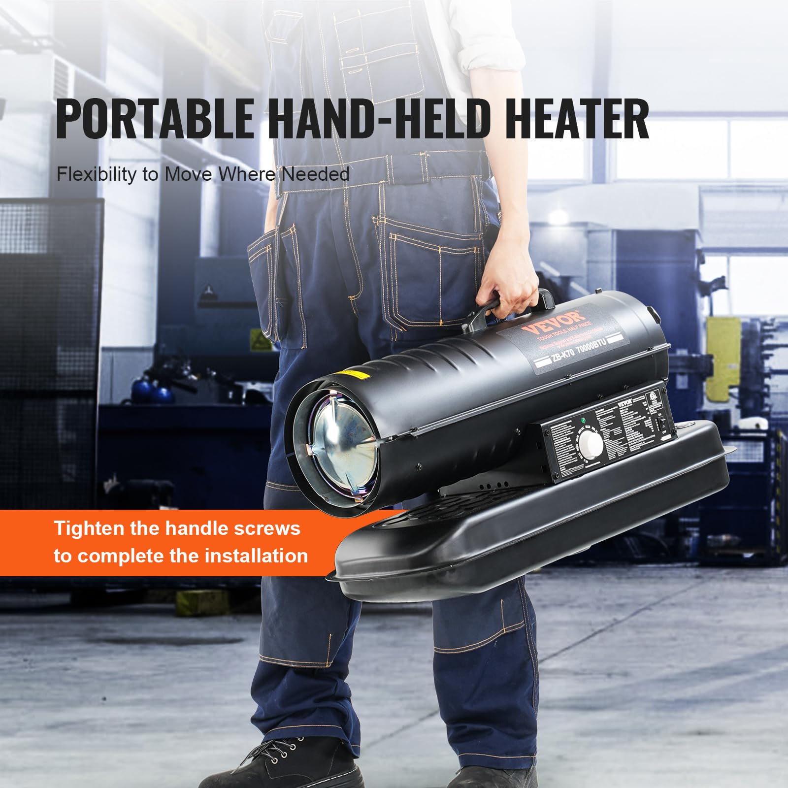 VEVOR 70,000 BTU Portable Diesel & Kerosene Space Heater with Adjustable Thermostat & 5-Gallon Tank - Energy Efficient Indoor/Outdoor Heater for Workshops, Garages, Job Sites & Industrial Areas | Perfect for Construction Sites, Camping & Emergency Heating