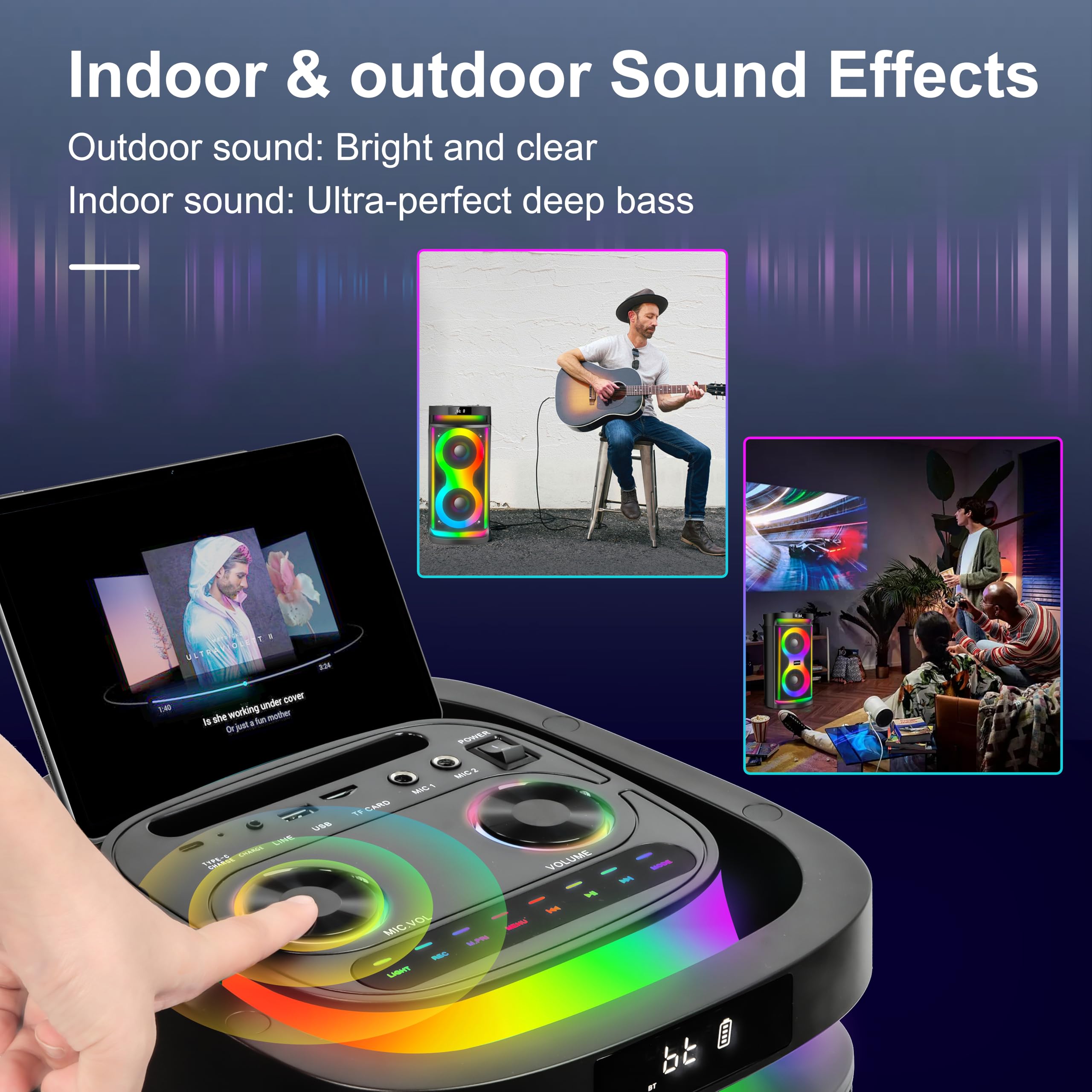 Portable Bluetooth Karaoke Machine for Adults - Dual 6.5-Inch Subwoofers, 2 Wireless Mics, Bass/Treble Control, LED Lights | TWS/USB/TF/REC/FM/AUX Support | Perfect for Home Parties, Outdoor Gatherings & Professional Singing Practice