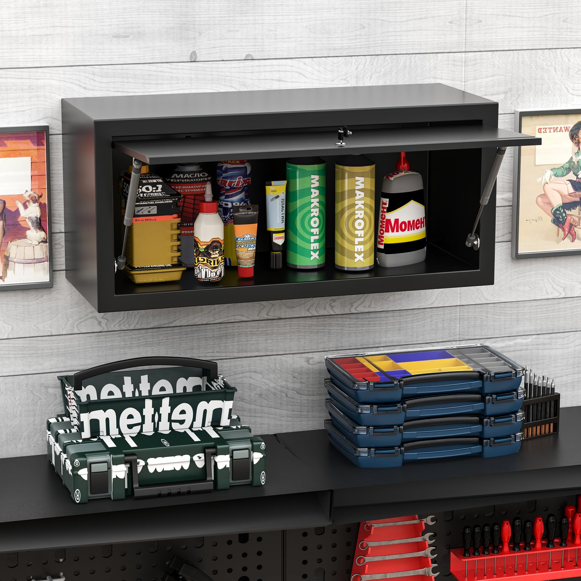 Black Metal Wall Cabinet with Up-Flip Door - Garage & Kitchen Storage Cabinet, Wall-Mounted Organizer for Home, Office, Warehouse (Perfect for Tools, Spices & Supplies)