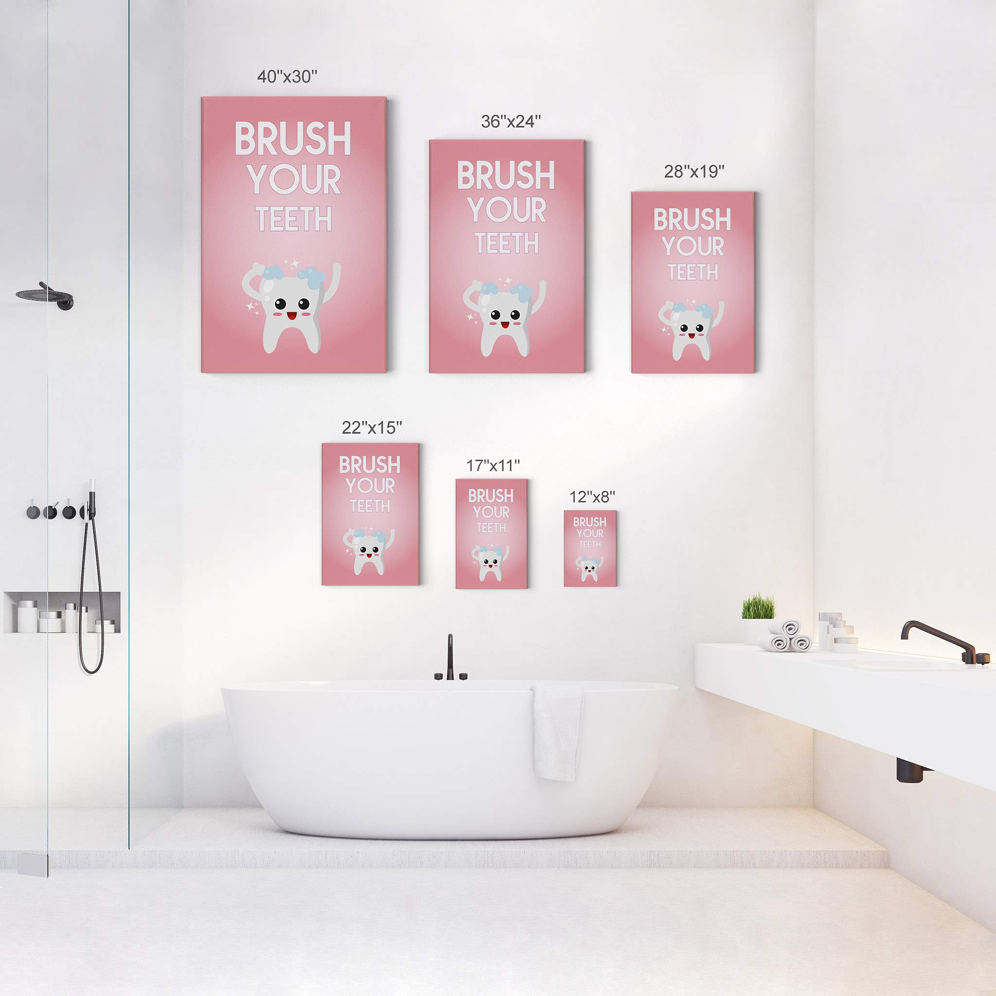 Smile Art Design - Brush Your Teeth Quote Canvas Print (40x30) | Kids Bathroom Decor, Nursery Wall Art, Ready to Hang Home Decoration | Made in USA | Perfect for Children's Rooms & Bathroom Wall Decor