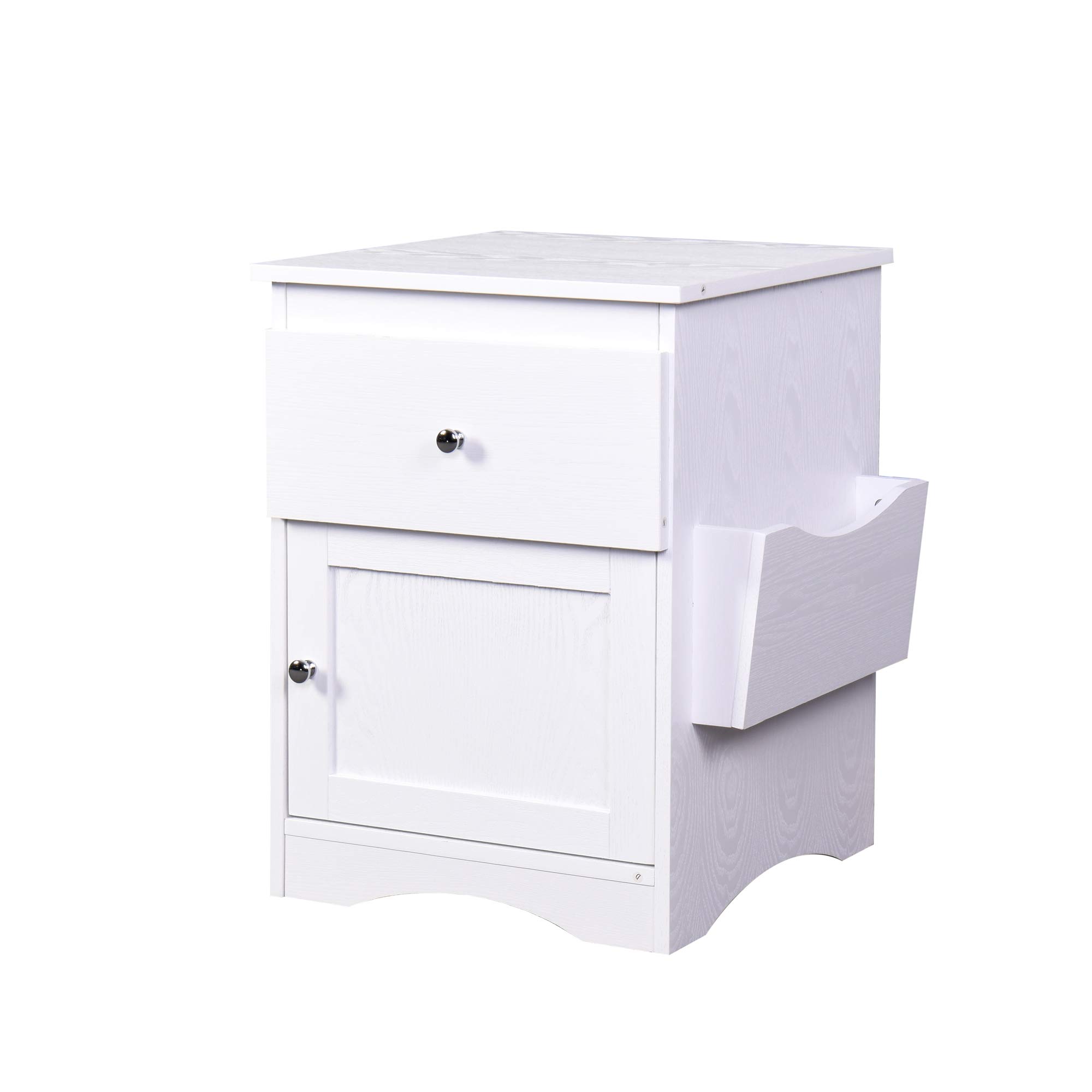 Modern White Bedside Cabinet with Drawer Storage & Magazine Rack - Space Saving Nightstand for Small Bedrooms, Apartments & Dorm Rooms - Perfect for Organizing Books, Alarm Clocks & Bedroom Essentials