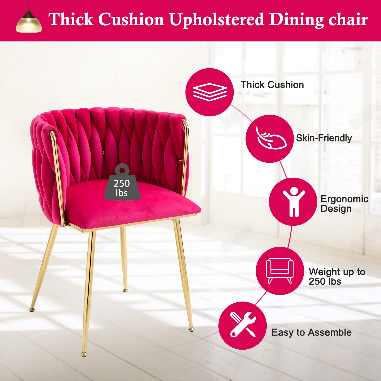 NIOIIKIT Modern Velvet Dining Chairs Set of 2 - Handwoven Upholstered Accent Chairs with Golden Metal Legs for Living Room, Dining Room, Kitchen & Vanity - Soft Rosered Velvet for Elegant Home Decor & Entertaining