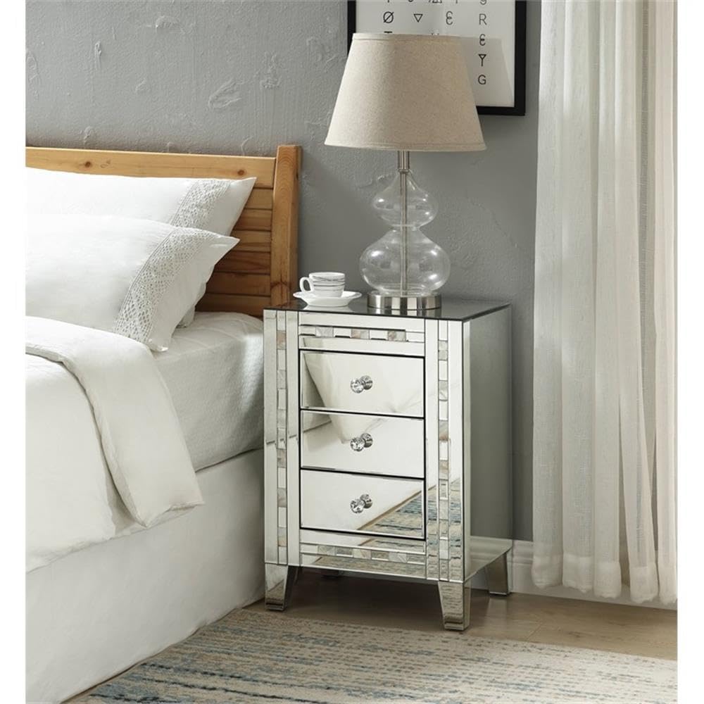 Acme NASA Glass Nightstand with 3 Drawers - Mirrored & Mother of Pearl Finish - Modern Bedroom Furniture for Small Spaces & Contemporary Home Decor