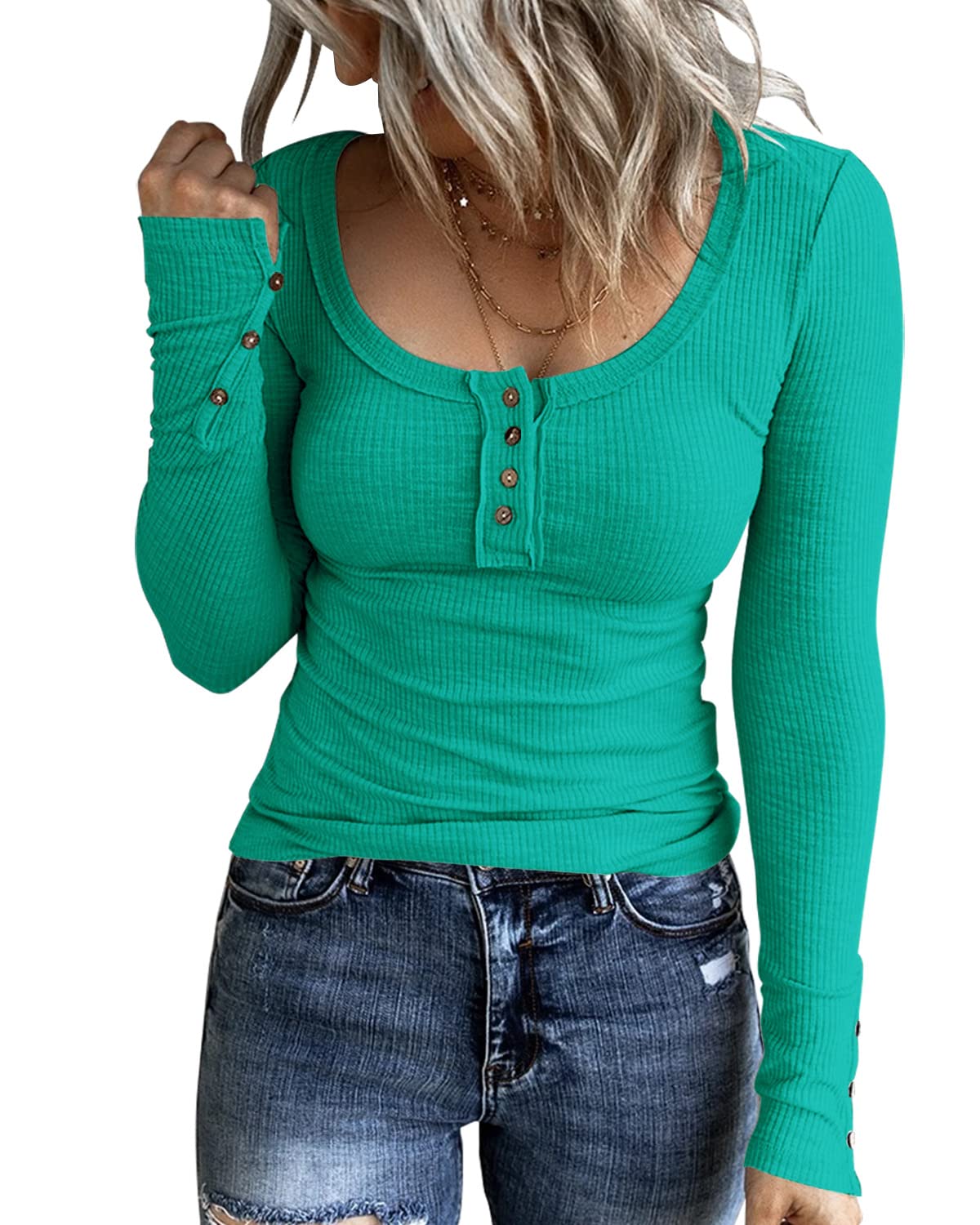 KINLONSAIR Women’s Long Sleeve Henley T-Shirts - Slim Fit Button Down Scoop Neck Ribbed Knit Top for Casual Wear, Office & Date Night Outfits