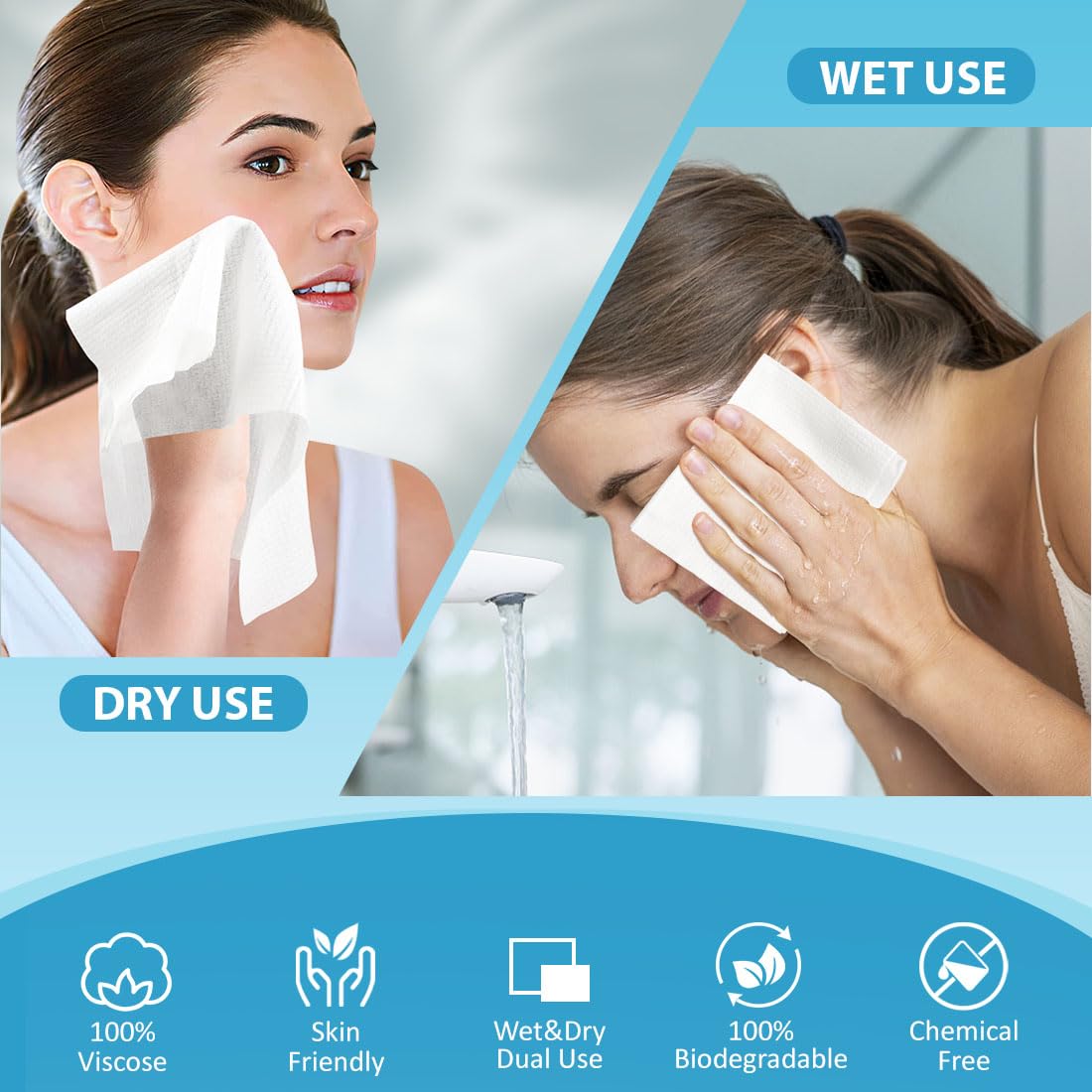 HOMEXCEL Biodegradable Disposable Face Towels - 100 Count Super Soft Makeup Remover Wipes for Sensitive Skin | Gentle Facial Cleansing & Makeup Removal | Travel, Gym & Daily Skincare Routine
