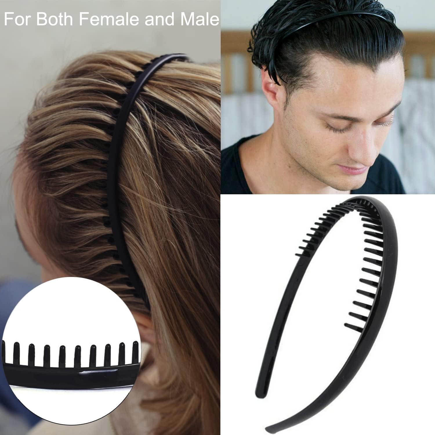 8 PCS Non-Slip Plastic Headbands with Teeth Comb - Matte Black Skinny Hair Bands for Women, Men & Teens - Perfect for Workouts, Sports and Everyday Styling