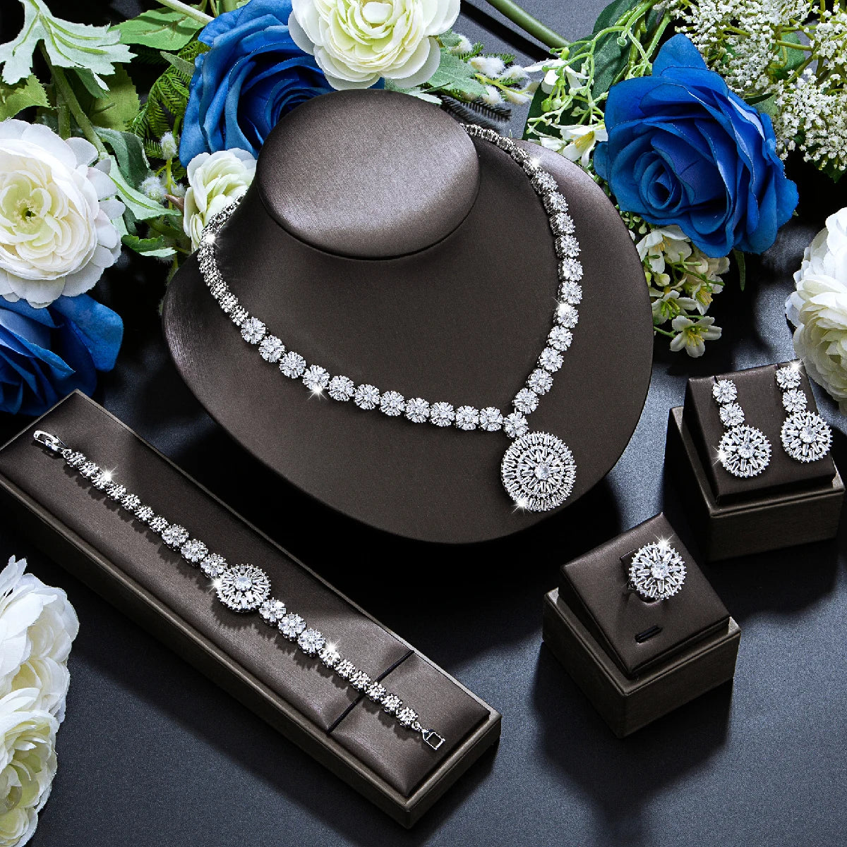 Elegant African Zirconia Bridal Jewelry Set - 4 Piece Necklace, Bracelet, Earrings & Ring for Wedding, Engagement & Special Occasions
