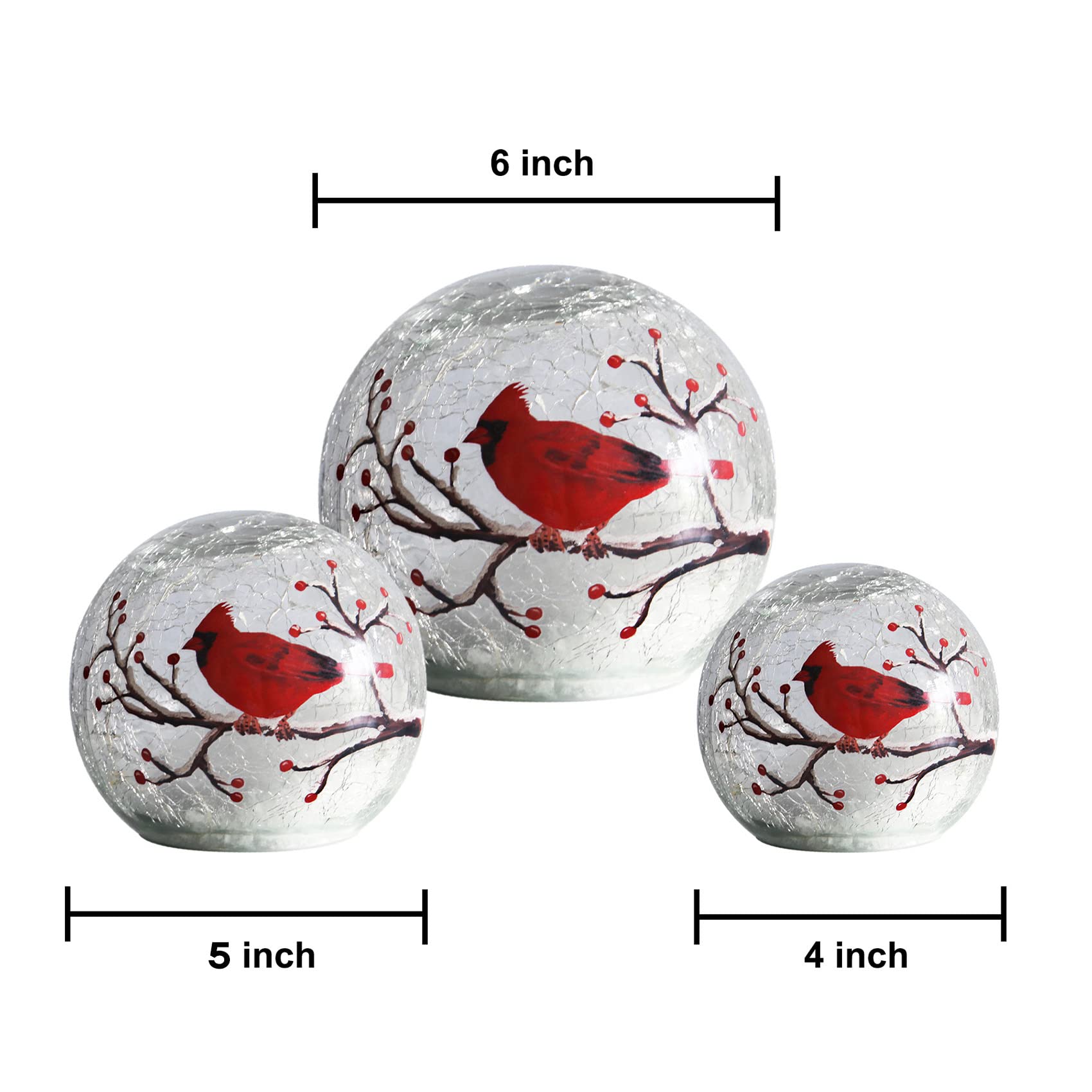 Crackle Glass Ball Cardinal Lamp - LED Red Cardinal Stained Glass Christmas Decor Accent Light, Lighted Bird Globe Table Lamp & Night Light - Perfect for Holiday Decor, Bedroom Nightlight, and Desk Decoration