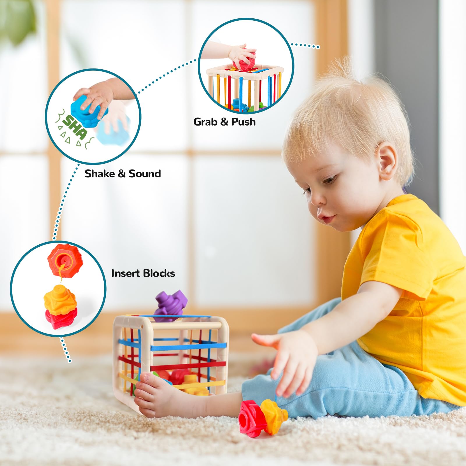 5-in-1 Montessori Baby Toys for 6-18 Months - Sensory Learning Toys Set with Tissue Box, Stacking Cups & Shape Sorter Cube - Perfect for Early Childhood Development & Playtime Activities