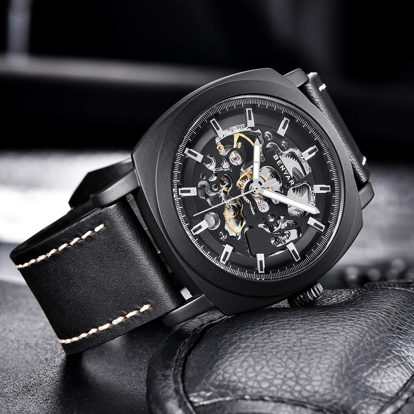 BENYAR Automatic Skeleton Mechanical Watch for Men - Black Leather Strap, Waterproof, Business & Casual Style | Perfect for Office, Formal Events & Everyday Wear