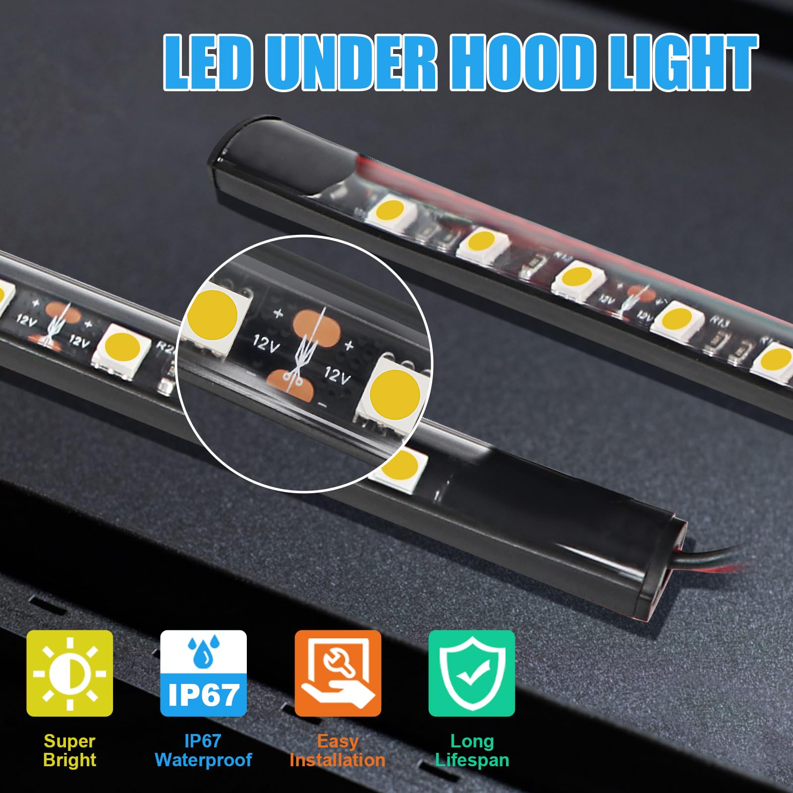 Waterproof 12V Under Hood LED Light Kit - Universal Car Hood Work Light with Auto On/Off for Vehicle Inspection & Maintenance - Perfect for DIY Auto Repairs, Nighttime Engine Checks & Emergency Roadside Fixes