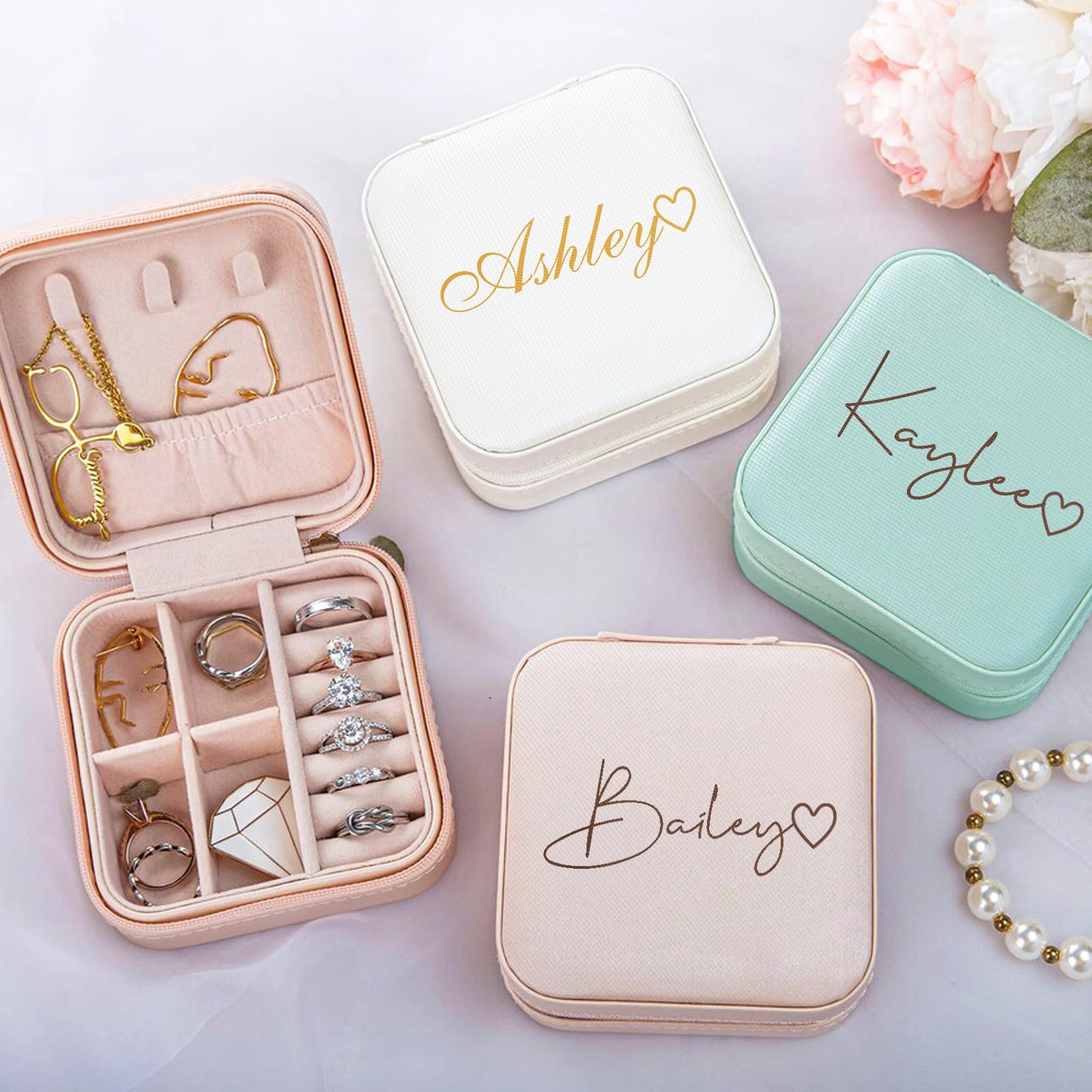 Personalized Jewelry Box with Heart - Custom Leather Travel Jewelry Case & Ring Box - Perfect Bridesmaid Gifts, Birthday & Christmas Presents for Women - Great for Travel, Wedding Proposals & Gift Giving