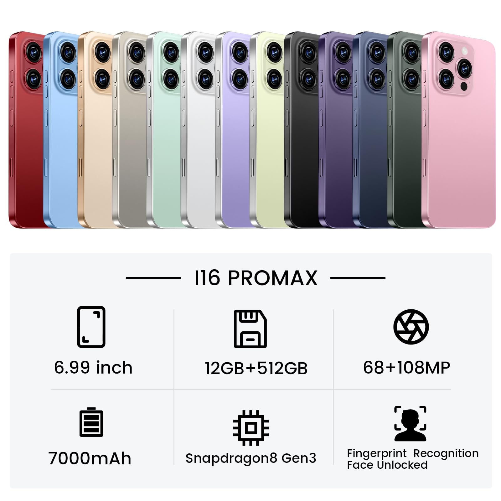 I16 ProMAX Unlocked Smartphone 12GB RAM 512GB Storage 6.99