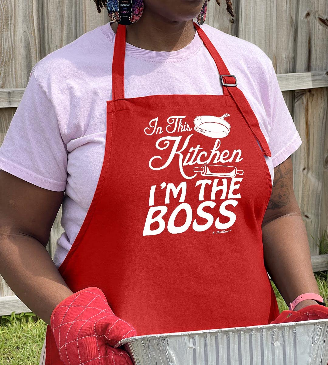 Best Adjustable Bib Apron with Two Pockets - Perfect for Cooking, Baking & Grilling - In This Kitchen I'm The Boss