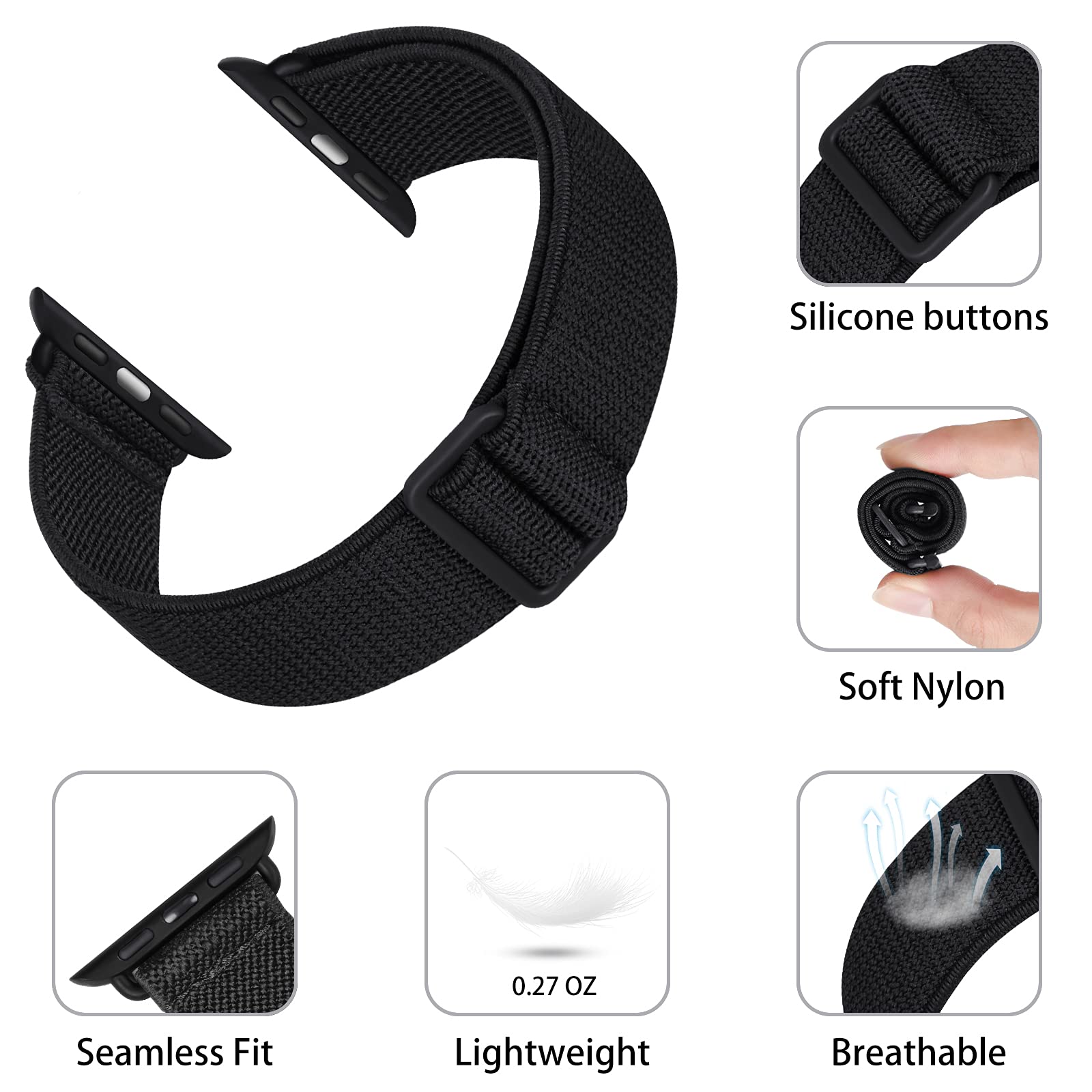 2 Pack Sport Elastic Nylon Apple Watch Bands 44mm 42mm - Adjustable Lightweight Breathable Stretch Strap for iWatch Series 6/5/4/3/2/1/SE - Perfect for Running, Gym Workouts & Daily Wear (Black/Pink Sand)