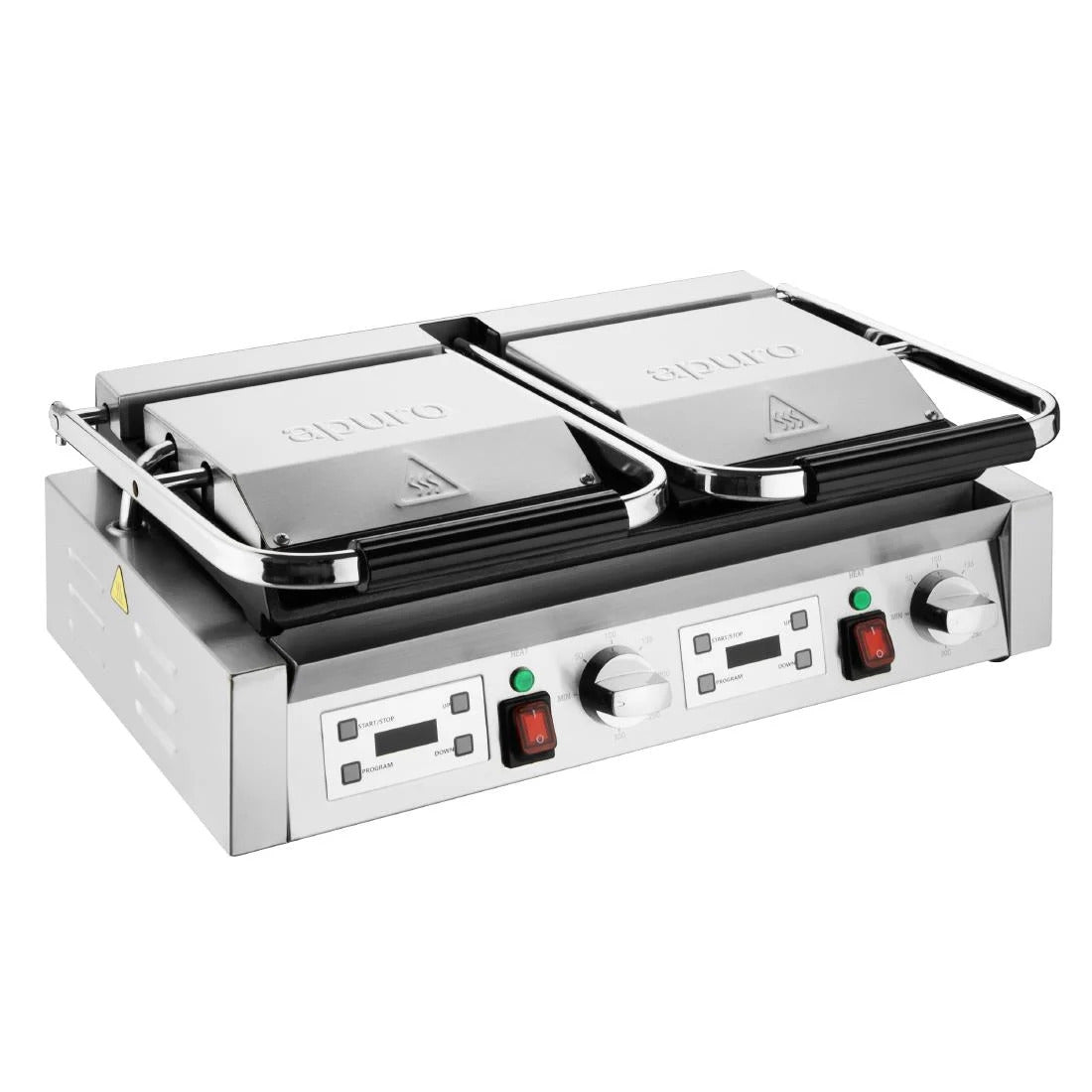 Apuro Double Half Ribbed Contact Grill - Indoor/Outdoor Electric Griddle for Paninis, Sandwiches & More - Perfect for Home, Camping & Restaurants