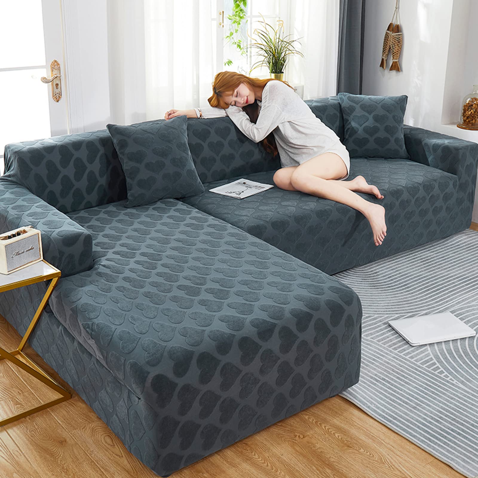 Washable Jacquard Sofa Slipcover - Solid Color Couch Cover for 5-Seater XXL Sofa (12) | Furniture Protector for All Seasons | Pet & Child Friendly | Multi-Size Living Room Sofa Cover | Perfect for Home Decor & Daily Use