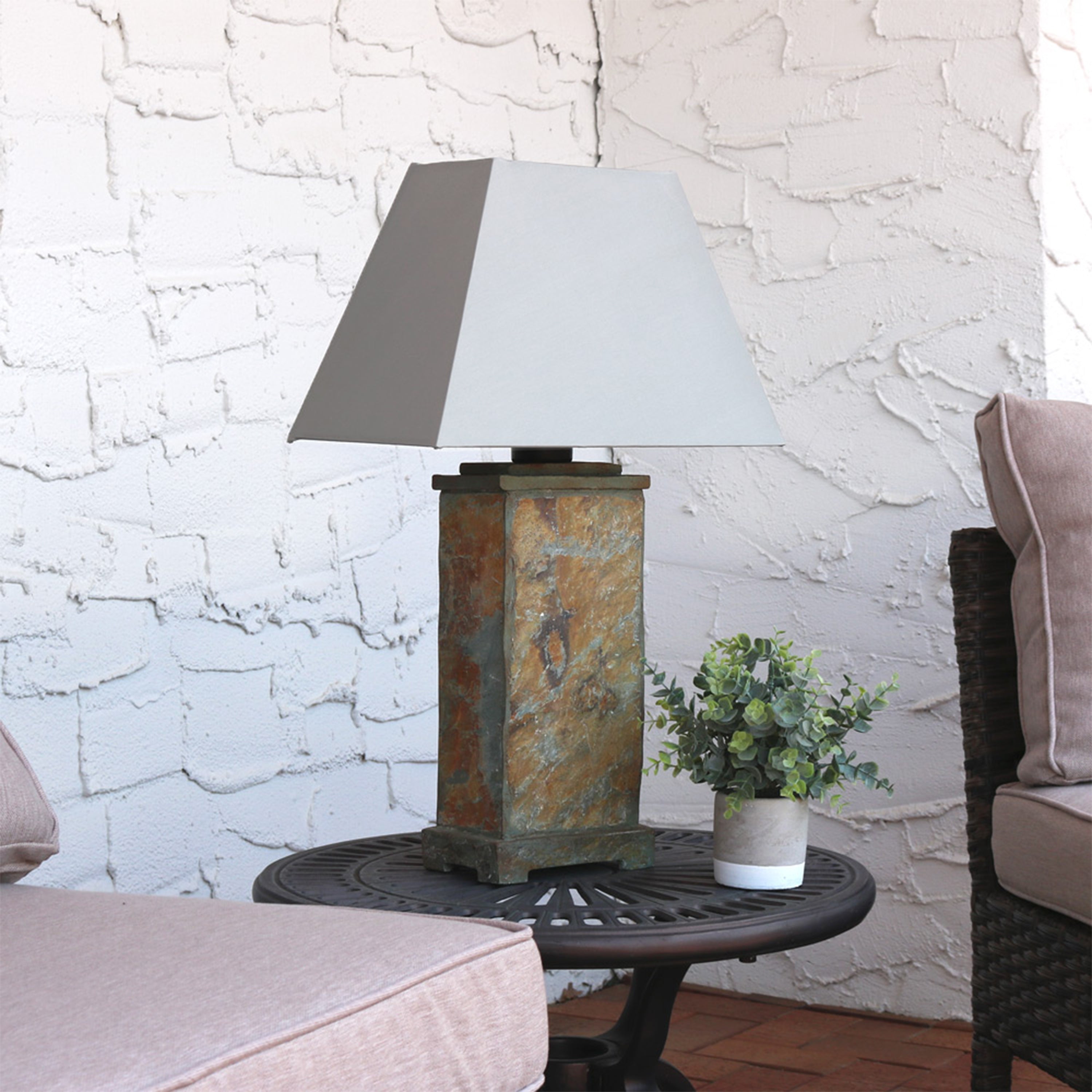 Sunnydaze 24 Inch Outdoor Table Lamp with Gray Cotton Lampshade & Stone Base - Perfect for Patio, Garden, Deck, and Porch Lighting