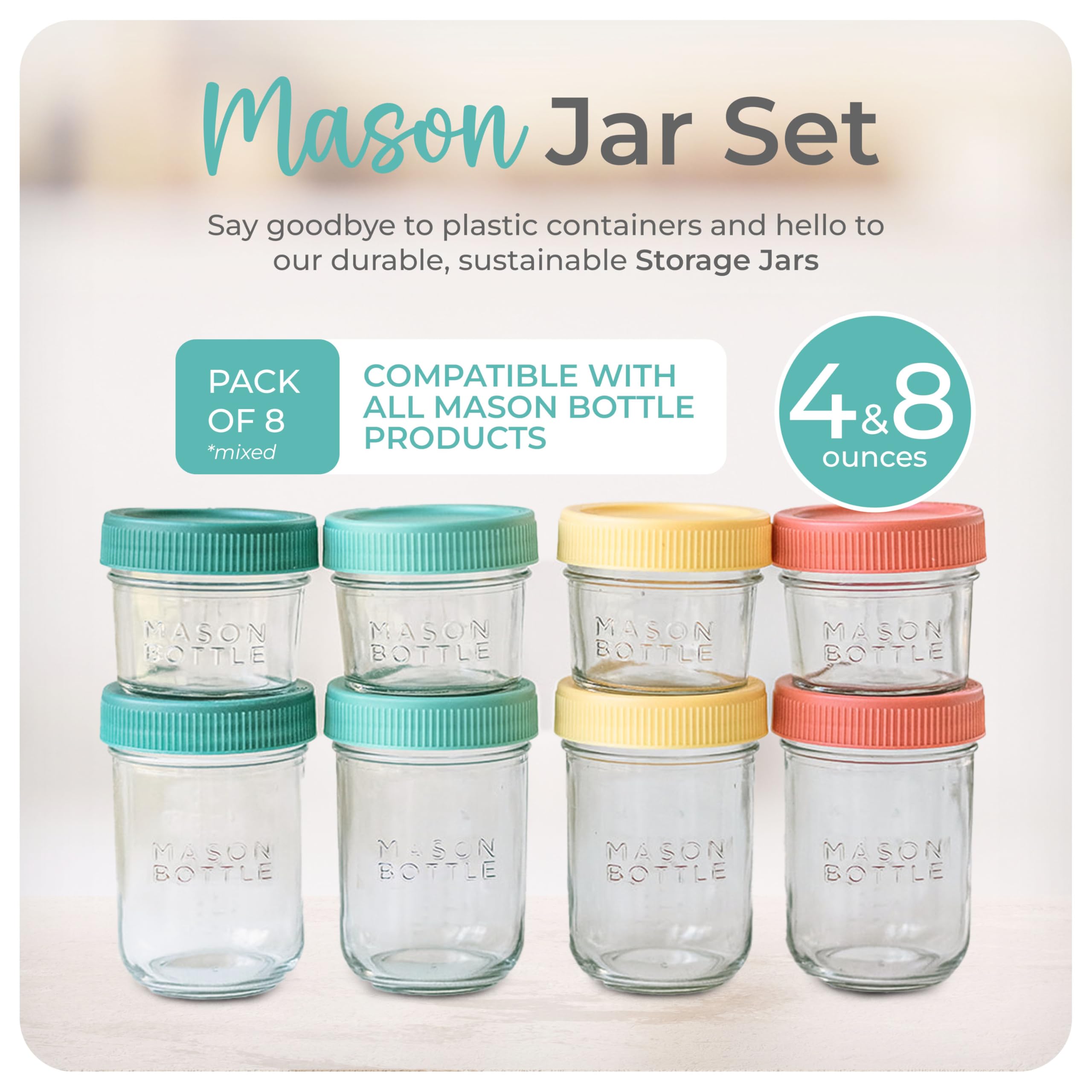 **Mason Bottle Breast Milk Storage Glass Jars (4oz & 8oz, 8-Pack) - Reusable Airtight Baby Food Containers with Lids - Freezable, Stackable Glass Bottles for Baby Formula & Breast Milk Storage - Perfect for Daycare, Travel & Pumping Moms**