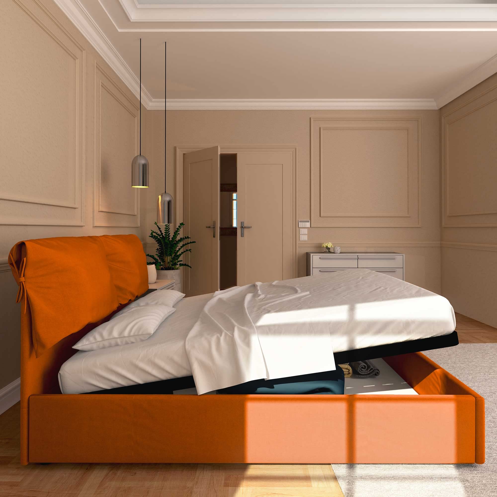 Baldiflex Licia Soft Single Bed with Storage - Synthetic Leather Upholstery, Slatted Base for Single Mattresses, 160 x 190 cm, Padded Thin Headboard, Orange - Perfect for Small Bedrooms, Guest Rooms & Studio Apartments