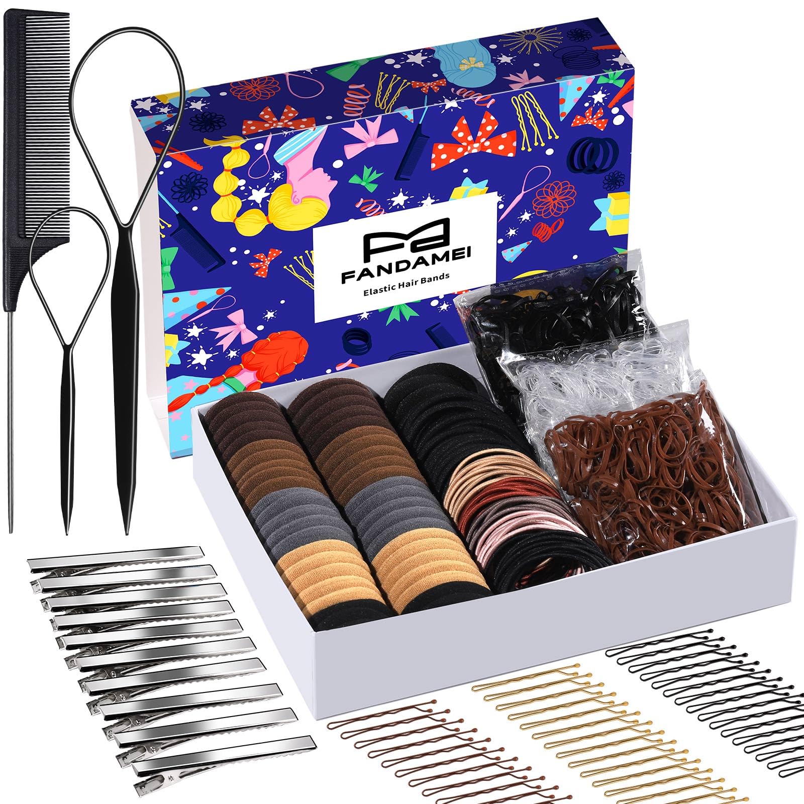 FANDAMEI Hair Accessories Kit for Women - 50 Pcs Elastic Hair Ties, Cotton Headbands, Rubber Bands, Bobby Pins & Rat Tail Comb - Perfect for School, Work, Gym and Everyday Styling