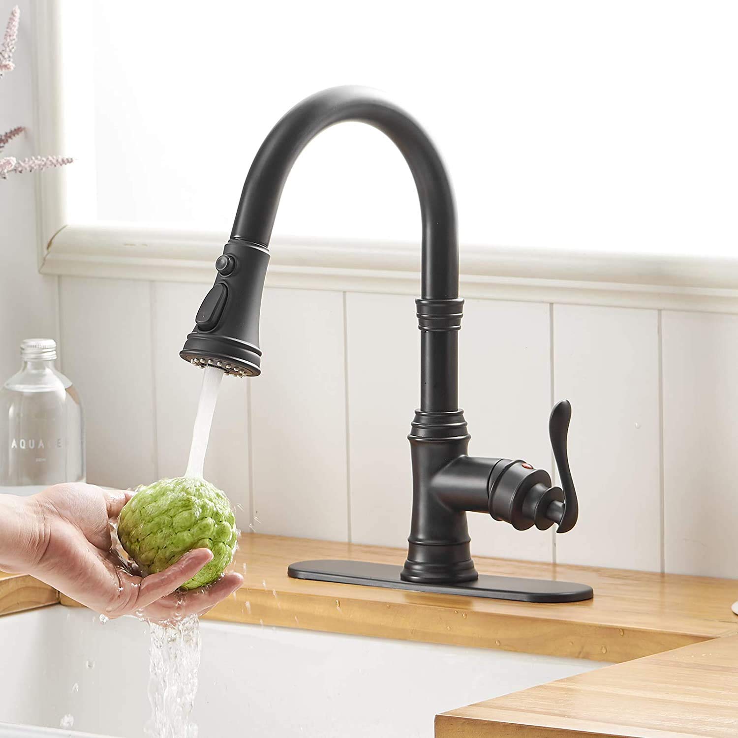 Matte Black Kitchen Faucet with Pull Down Sprayer - 3 Function Single Handle High Arc Commercial Sink Faucet with Deck Plate (Fits 1 or 3 Hole) - Perfect for Modern Kitchens, Restaurants & Food Prep Areas