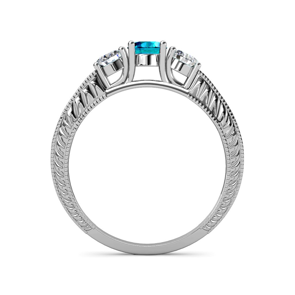 London Blue Topaz & Diamond Milgrain 3 Stone Ring - 0.85ctw Side Diamonds in 14K White Gold | Elegant Engagement, Anniversary & Gift Jewelry for Women
