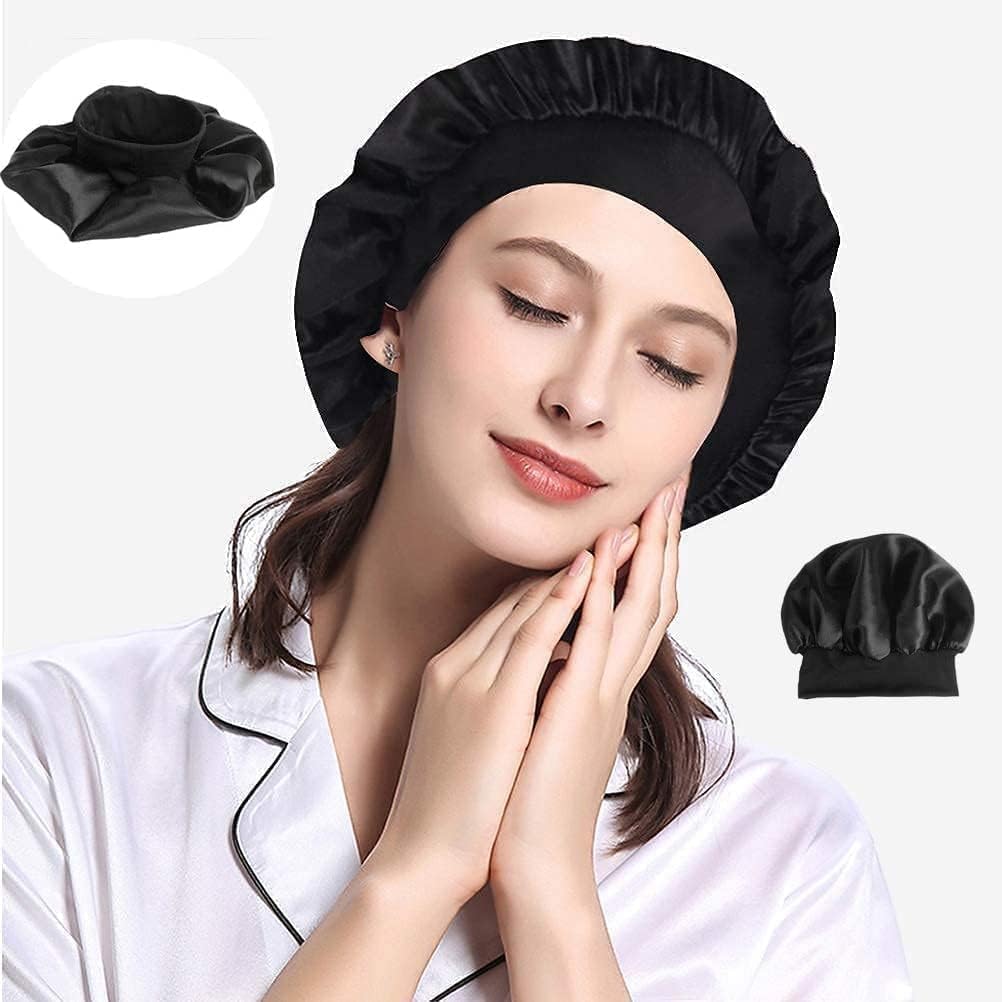 Silk Sleep Bonnet for Women & Girls - Adjustable Night Cap for Curly & Black Hair - Black One Size - Perfect for Nighttime Hair Protection & Styling