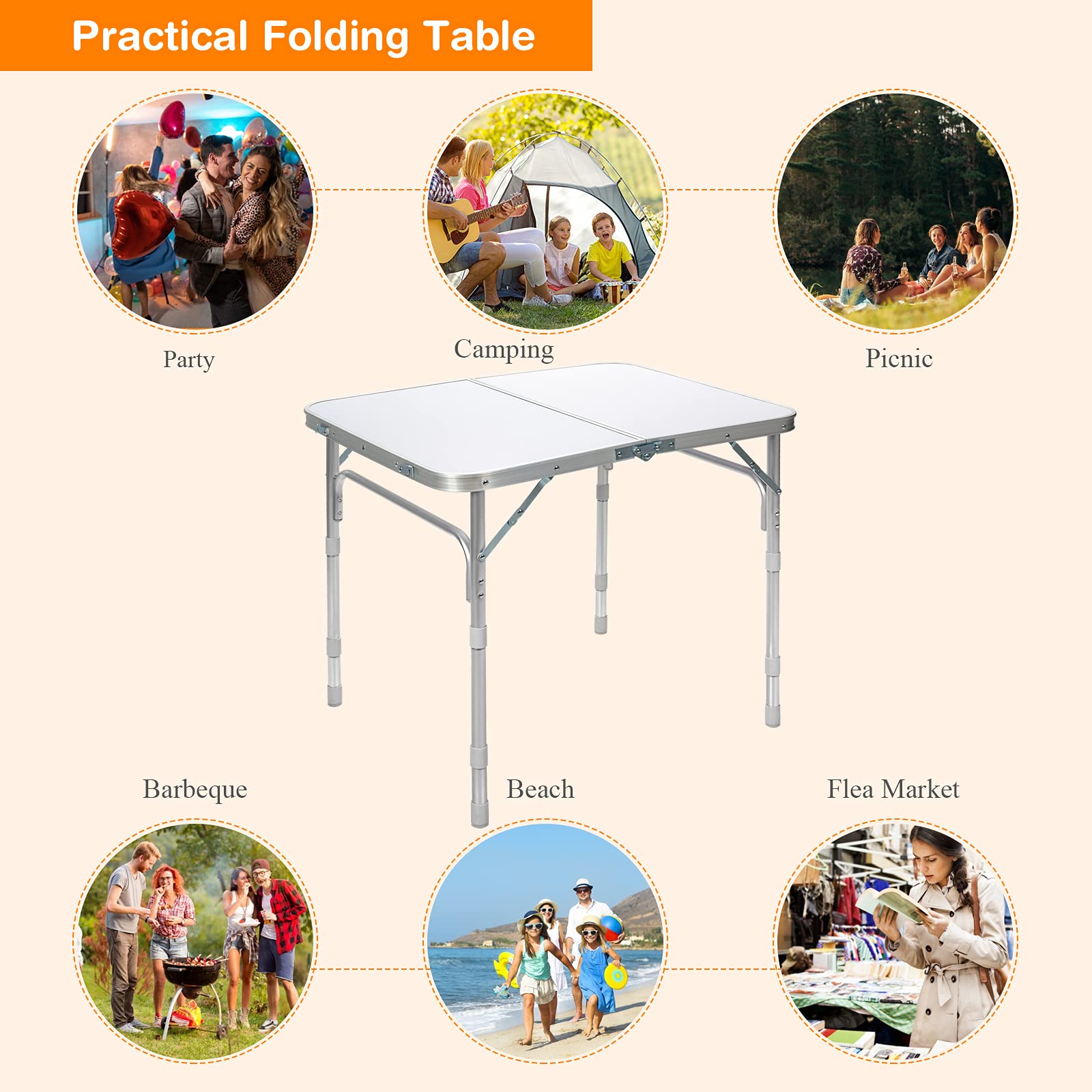 Goplus Aluminum Folding Table - Adjustable Height Portable Camping Table, Heavy Duty Small Card Table for Indoor Outdoor Use - Perfect for Dining, Parties, BBQ, Picnics and Camping Trips