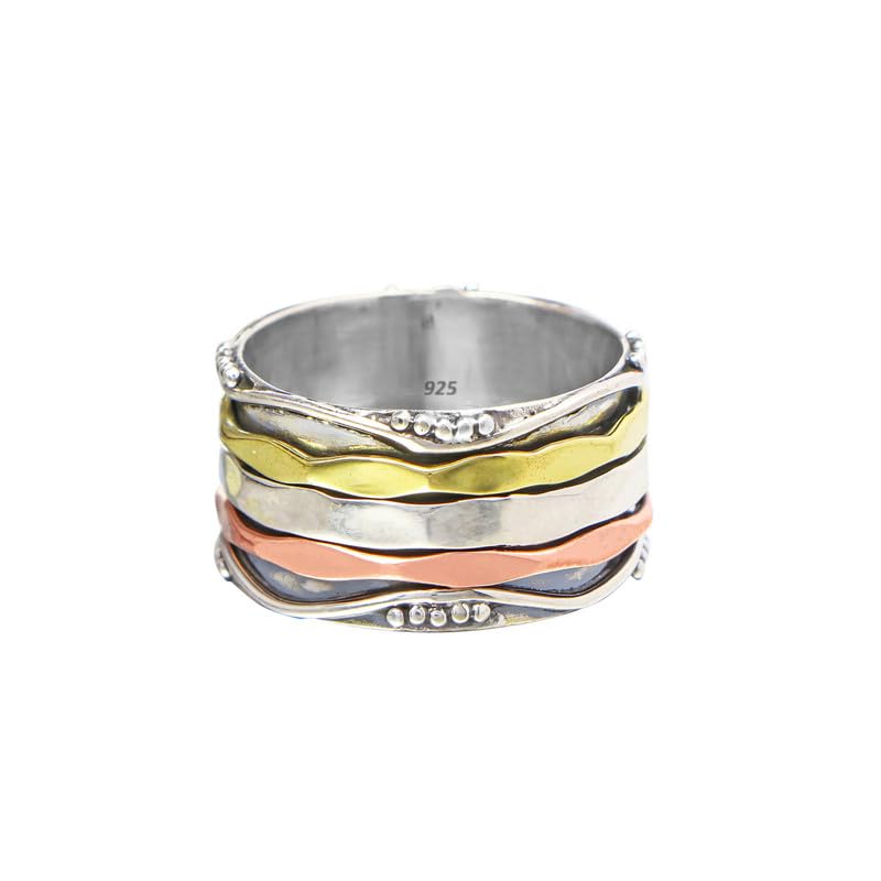 925 Sterling Silver Spinner Ring for Women - Handmade Three-Tone Worry Ring, Fidget Ring & Meditation Jewelry | US Size 9 Yoga Spinner Ring, Thumb Ring & Promise Ring | Perfect Gift for Her, Stress Relief & Anxiety Relief Jewelry
