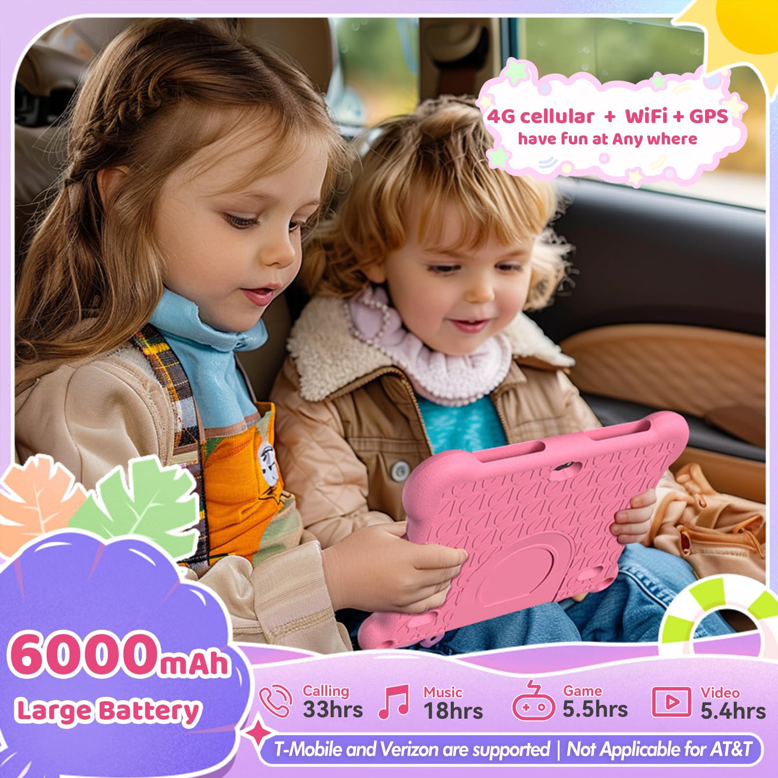 Kids Tablet 7 Inch - WiFi & SIM Card Support, Octa-Core Processor, 64GB/128GB Storage, 6000mAh Battery with GPS - Durable EVA Kid-Proof Case - Preloaded Educational Apps - Perfect Christmas & Birthday Gift for Boys Girls Ages 3-12 (Pink) - Ideal for Learning, Travel & Home Entertainment
