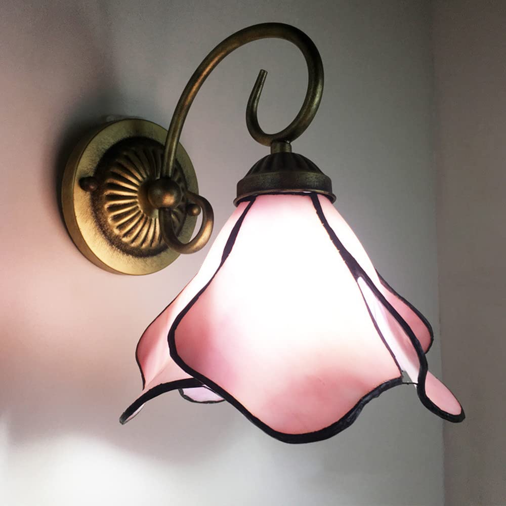 KWOKING Tiffany Wall Lamp - Pink Flower Stained Glass Design, 1 Light Vintage Style Wall Light for Hallway, Corridor, Bedroom & Living Room - Perfect for Home Decor & Ambient Lighting