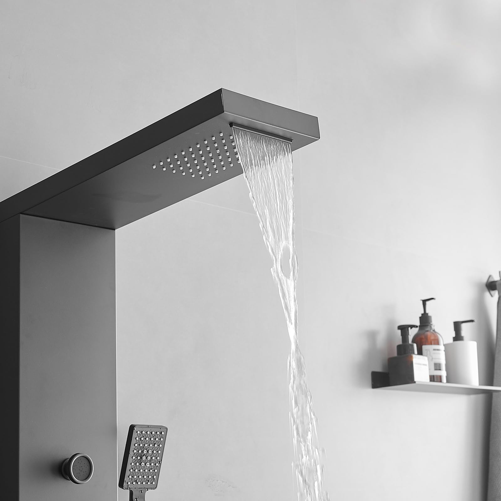 6-in-1 Stainless Steel Shower Panel System with Rainfall Showerhead, Body Jets & Handheld Spray - Black Wall Mount Shower Tower for Spa-Like Relaxation - Perfect for Master Bathrooms & Luxury Home Renovations