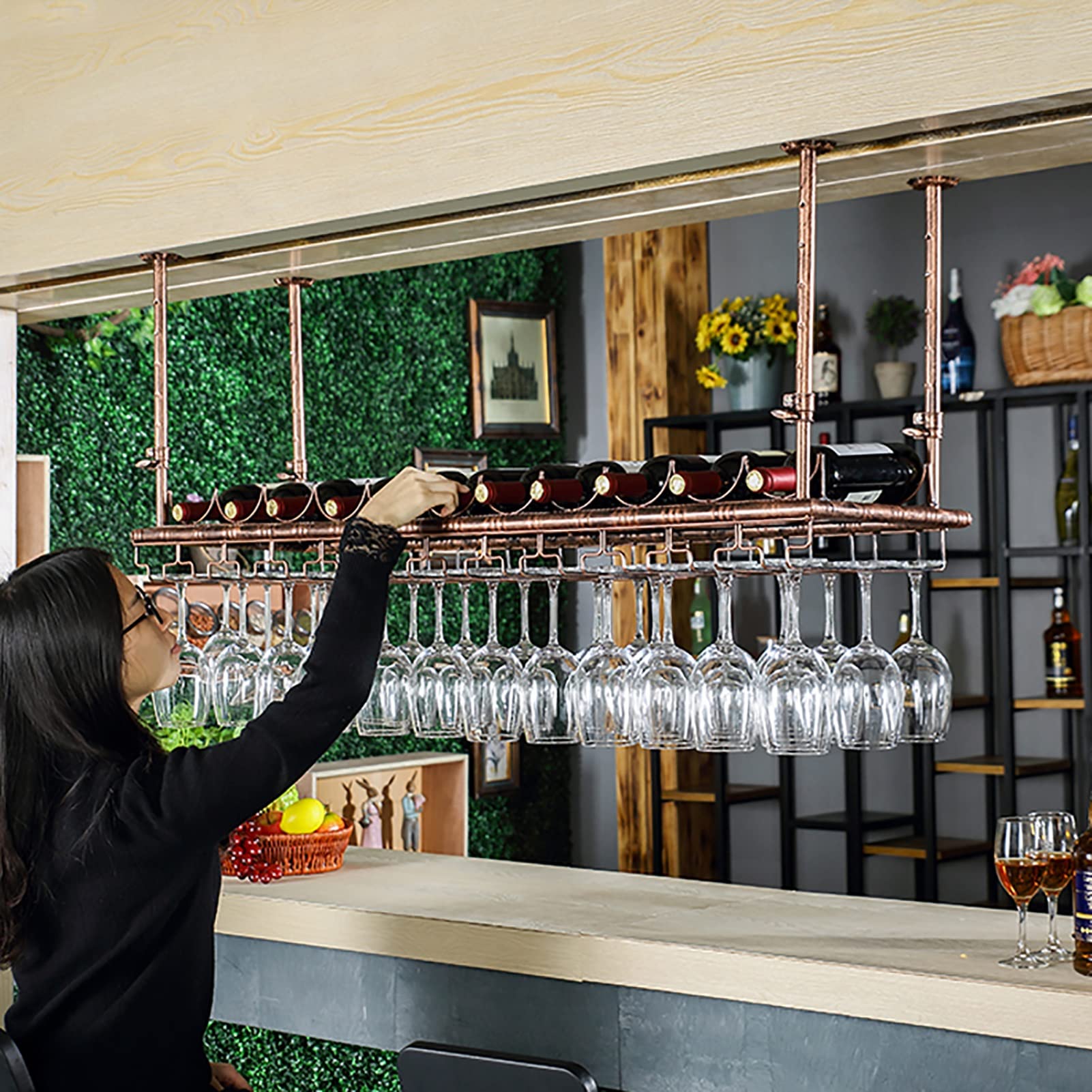 Vintage Metal Ceiling Hanging Wine Rack Organizer - 80x35cm Multifunctional Wine Bottle Storage Shelf with Stemware Glass Goblets Holder - Perfect for Kitchen, Bar, Restaurant & Wine Cellar Display