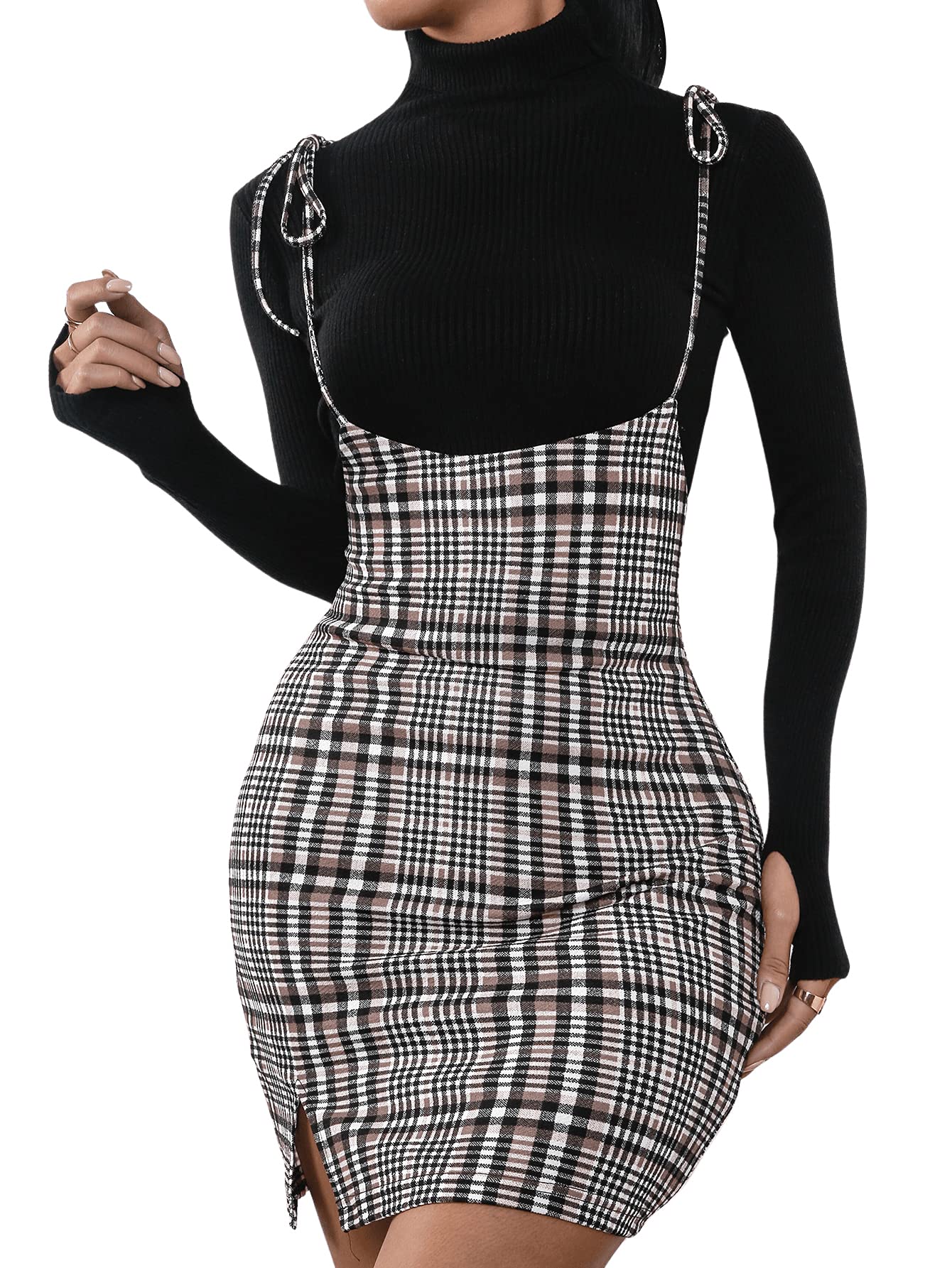 Floerns Women's Plaid Suspender Skirt Tie Shoulder Split Hem Bodycon Mini Dress | Casual & Party Outfit | Perfect for Date Night, Club Wear & Summer Fashion