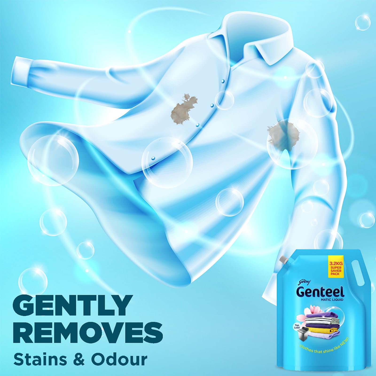 Genteel Matic Liquid Laundry Detergent Refill Pouch 3.2kg (7.05 lbs) - Top Load Washer Safe | No Soda Formula with Built-In Fabric Softener | Ideal for Large Families & Heavy Laundry Loads