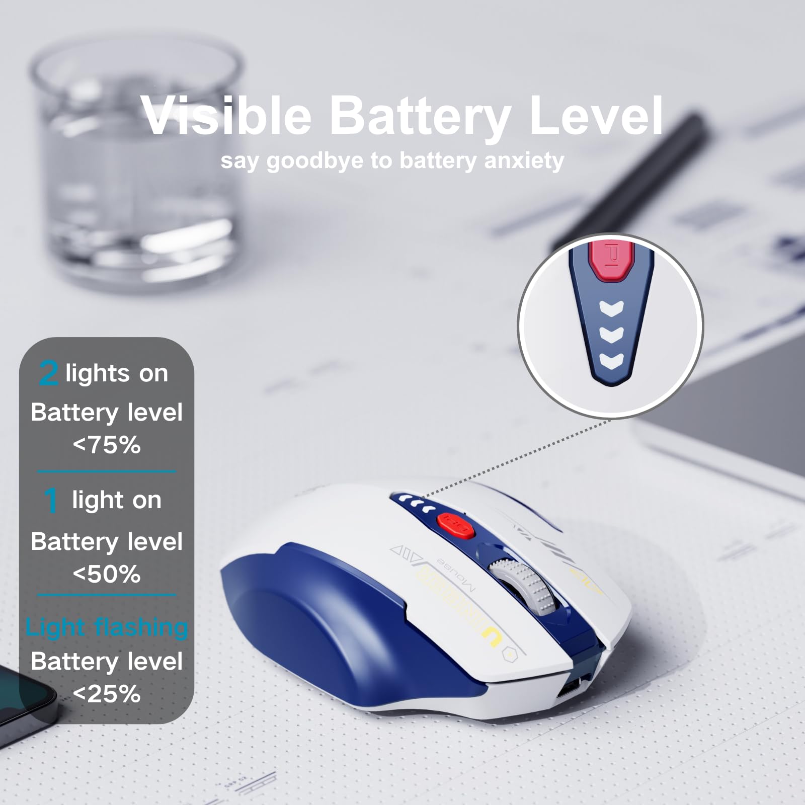 Upgraded Wireless Mouse with Visible Battery Display, Rechargeable 2.4G USB Optical Mouse, 4 Adjustable DPI Levels, Ergonomic Design for Laptop, PC, Computer - White and Blue - Perfect for Office, Home, and Gaming