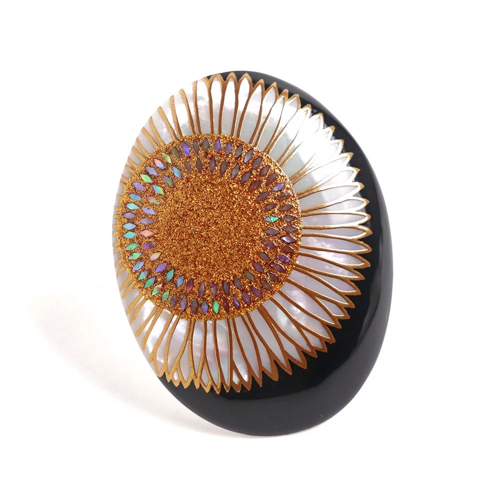 Exquisite Maki-e Urushi Lacquer Brooch with White South Sea Pearl Shell & Sunflower Design | Traditional Japanese Lacquer Jewelry | Perfect for Formal Occasions, Weddings & Cultural Events