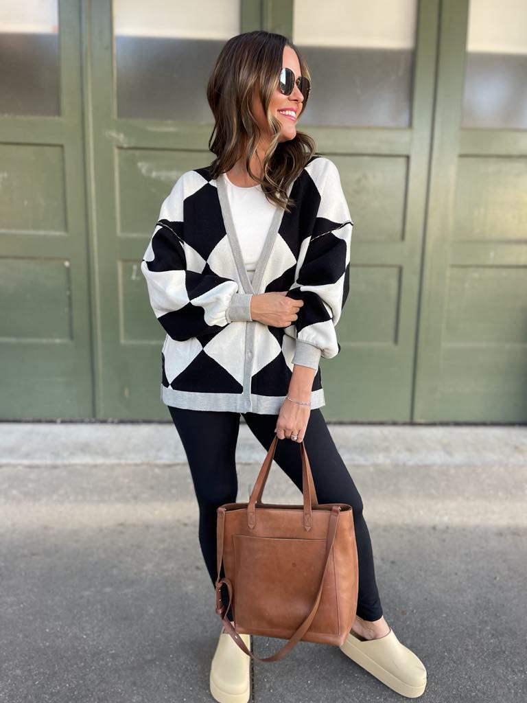 PREORDER: Black Checkers Contrast Trim Cardigan for Women | Stylish Knit Sweater for Fall & Winter | Perfect for Office, Casual Outfits & Layering