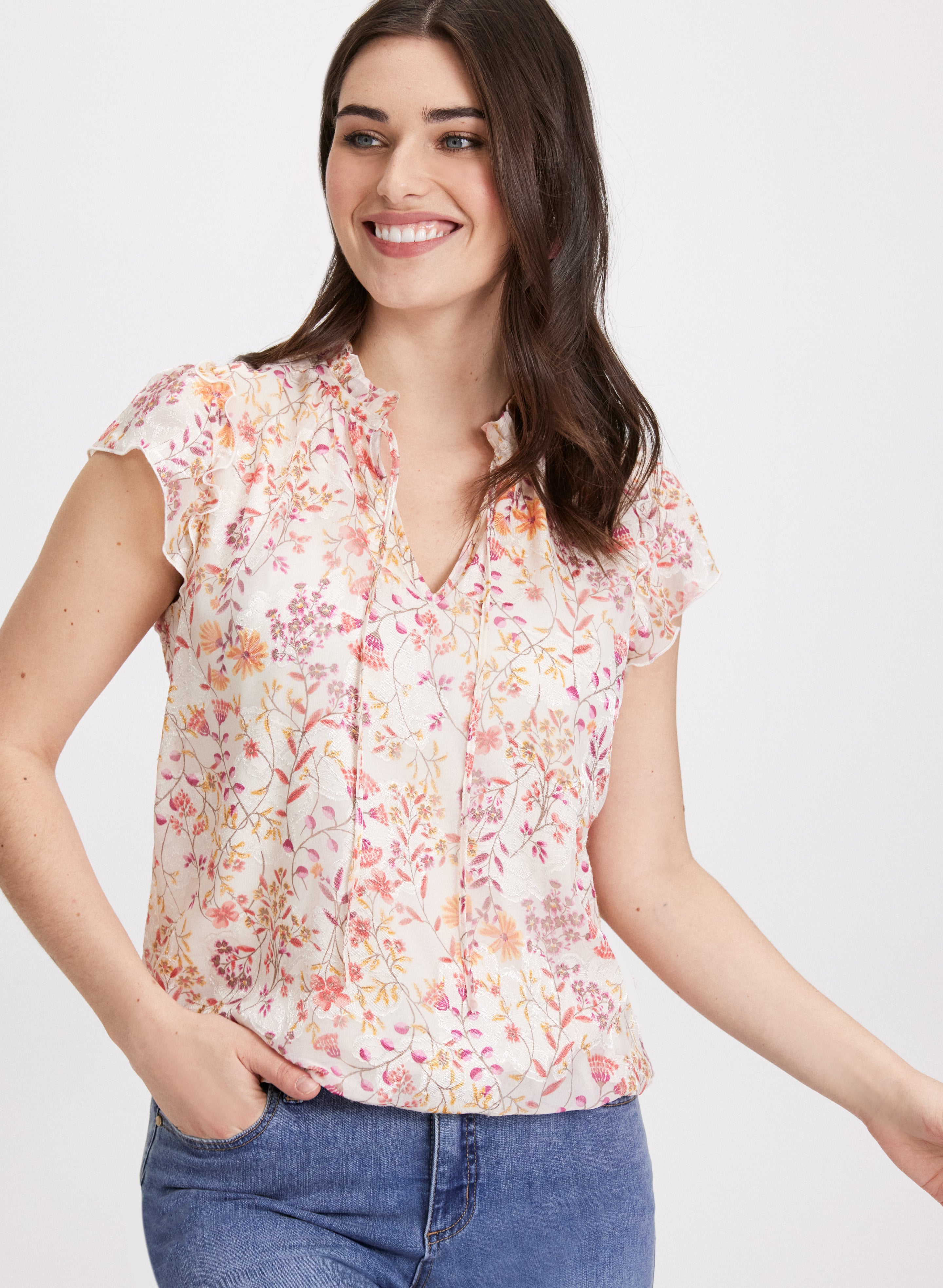 Floral Print Blouse for Women - Elegant Flowy Summer Tops with V-Neck & Short Sleeves - Perfect for Office, Date Night & Casual Outings