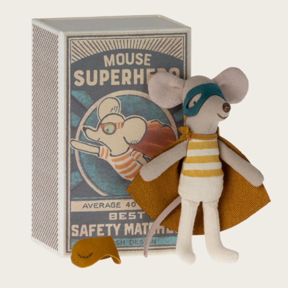 Maileg Super Hero Little Brother Matchbox Toy - Cute Miniature Doll for Kids Pretend Play & Collectibles - Perfect for Role-Playing Games, Birthday Gifts & Travel Companions