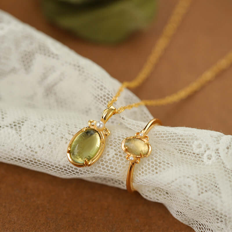 Natural Green Fluorite Gemstone Ring & Necklace Set | Healing Crystal Jewelry for Meditation & Energy Balance | GZ344