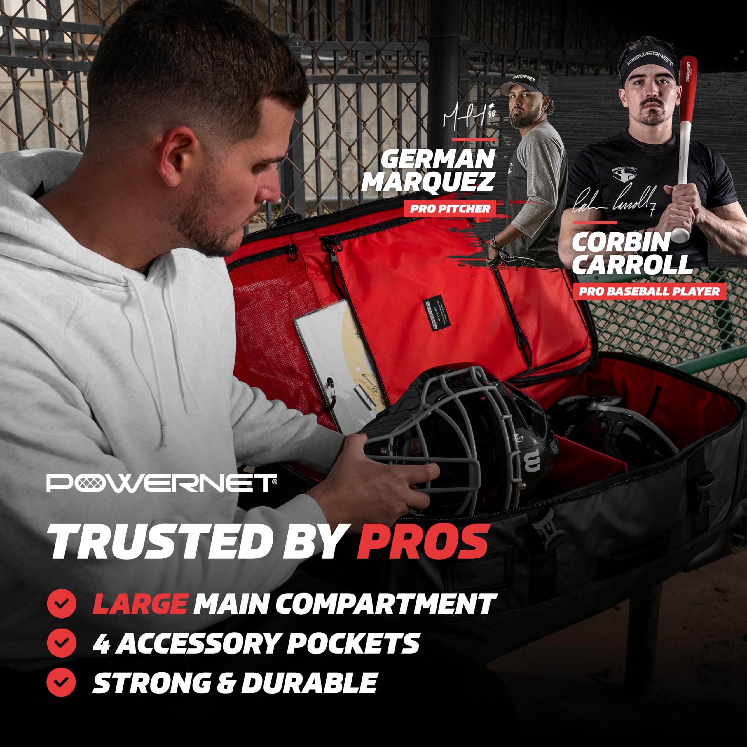 **PowerNet Baseball Bag - Durable Travel Bag for Softball & Baseball Gear - Fits Gloves, Bats, Helmets & Catchers Equipment - Perfect for Games, Practice & Travel**