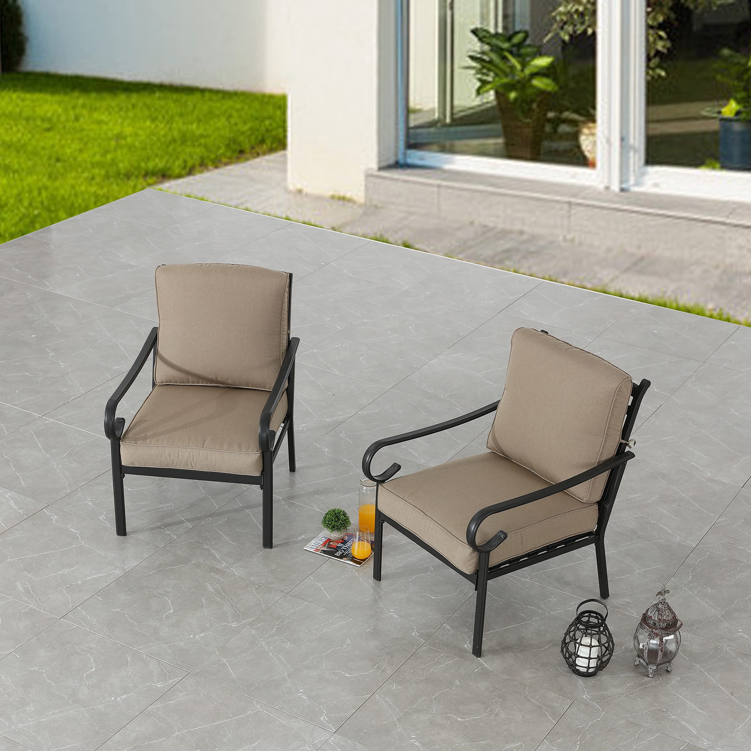 LOKATSE HOME 2-Piece Outdoor Bistro Chairs Set with Comfy Cushions & Steel Frame - All-Weather Patio Dining Furniture for Garden, Balcony, and Backyard (Khaki)