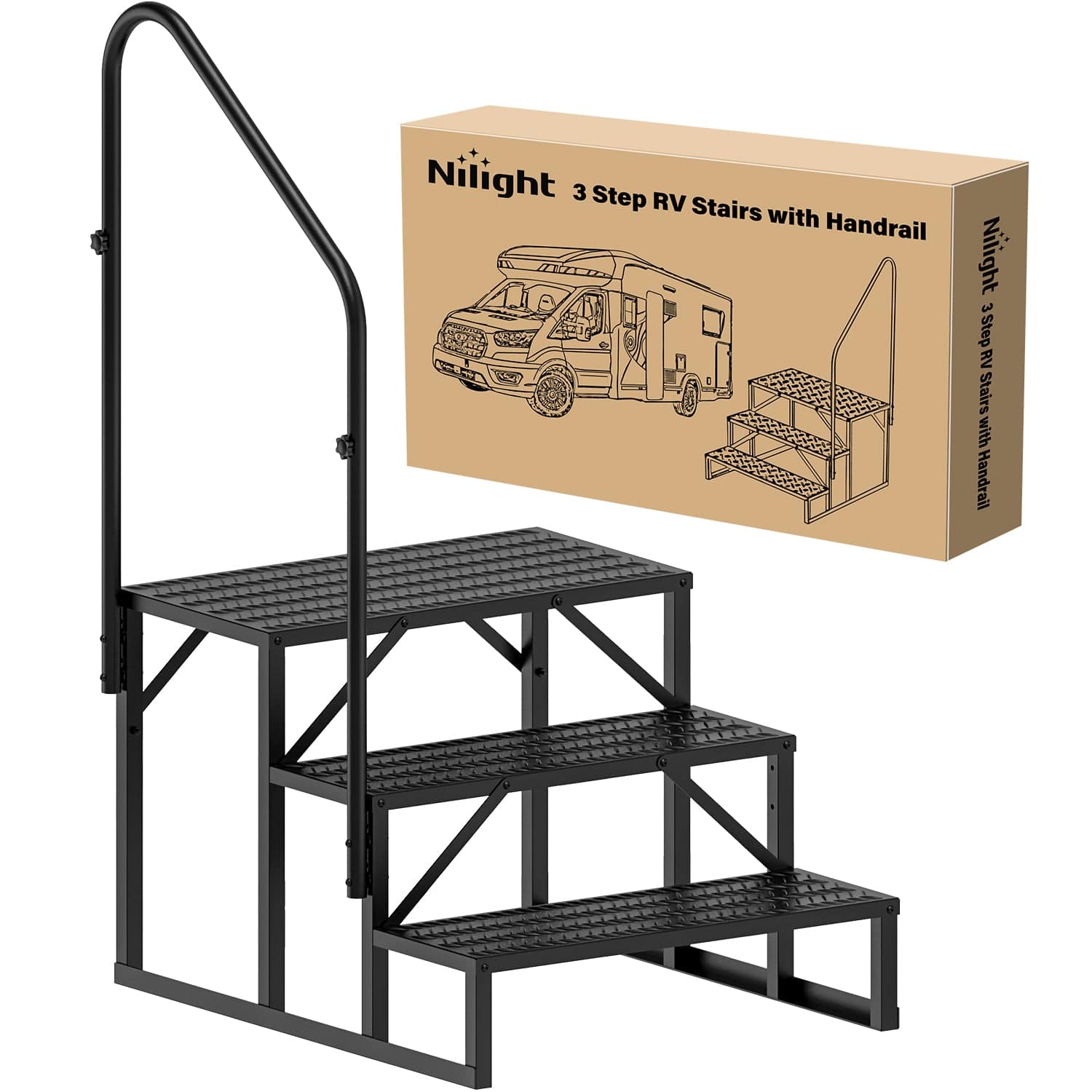 3 Step RV Stairs with Handrail - Lightweight Aluminum Folding Steps for Camper, Trailer & Motorhome - Perfect for Outdoor Camping & Road Trips