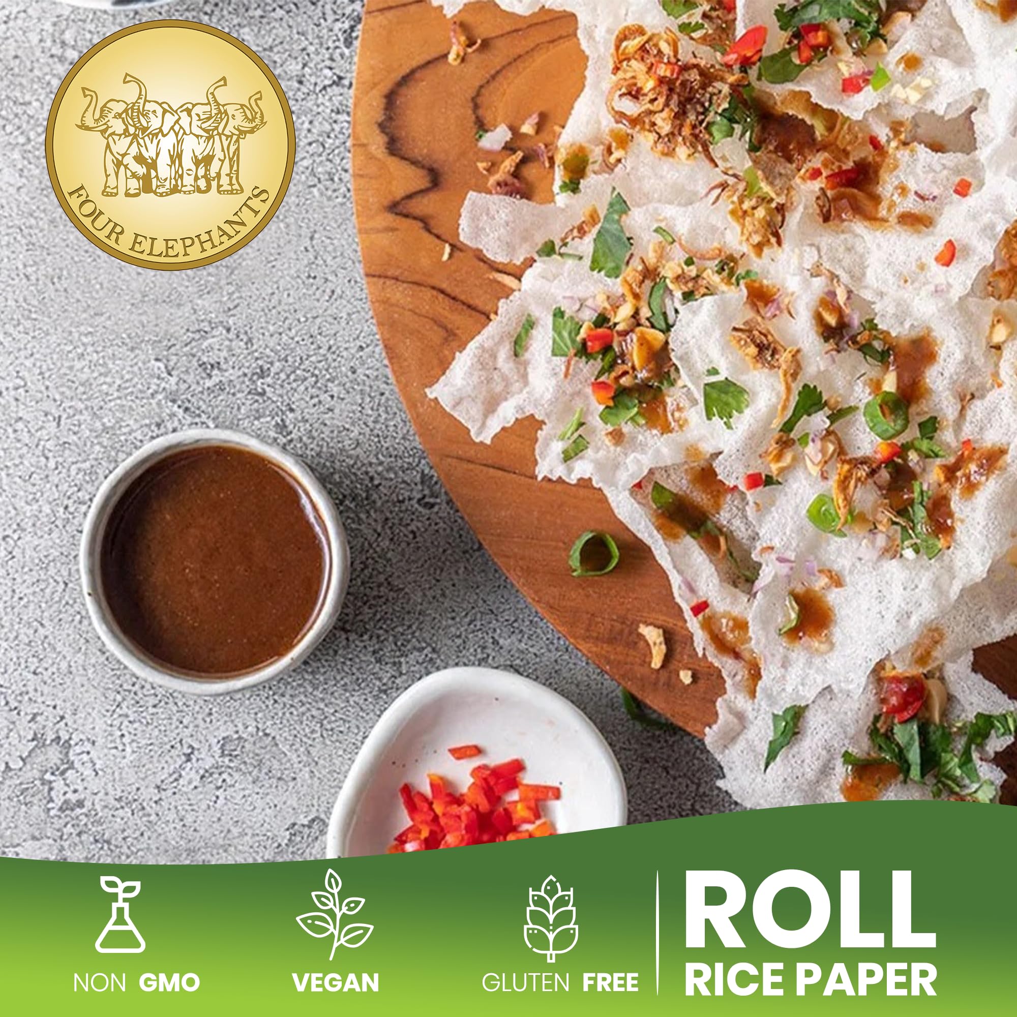 Premium 22cm Round Rice Paper Wrappers - Non-GMO, Pack of 2 (12oz Each) | Four Elephants Brand Restaurant Quality Spring Roll Skins | Quick 1-2-3 Second Prep | Perfect for Vietnamese Summer Rolls, Fresh Spring Rolls & DIY Wraps at Home